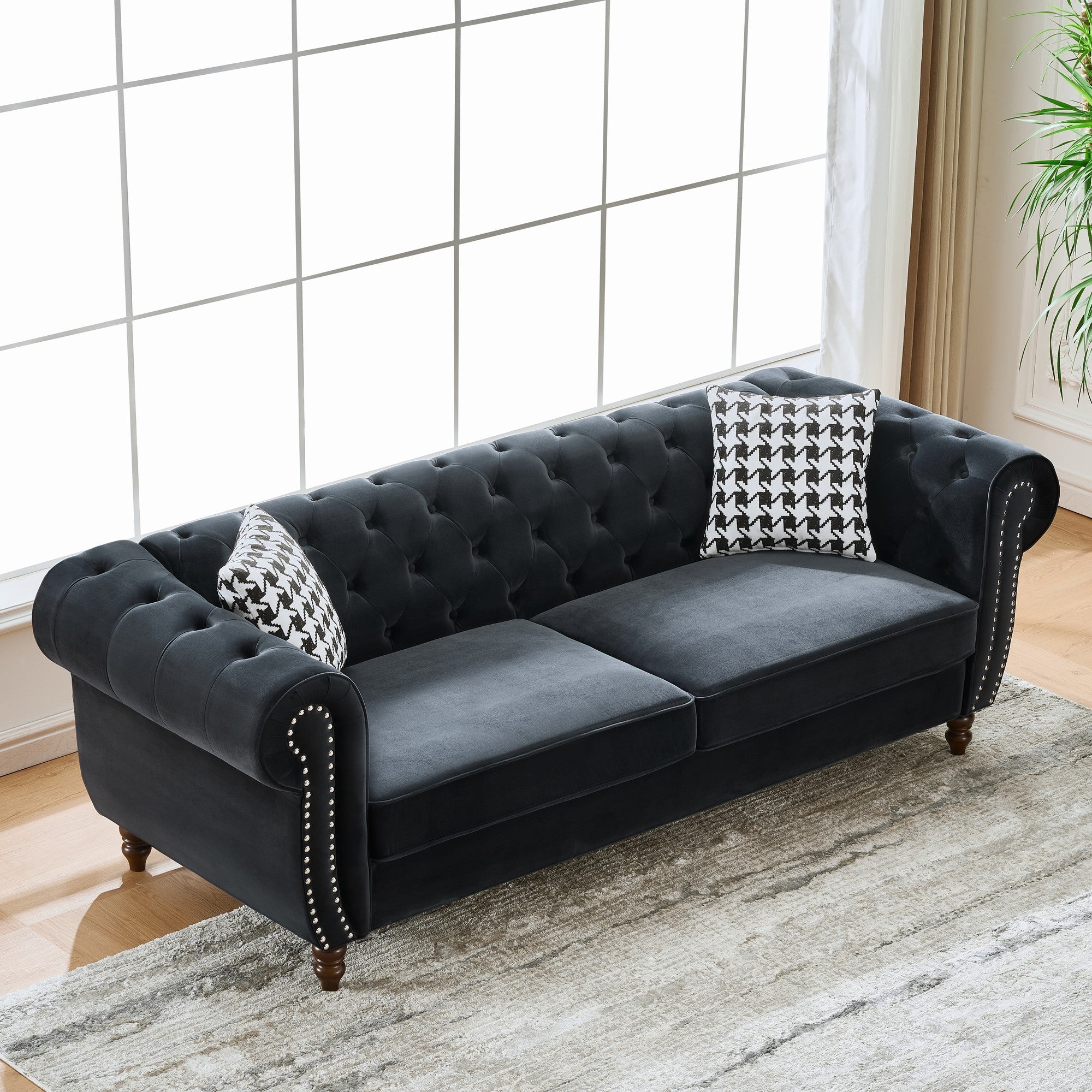 Mid Century Modern Chesterfield Velvet Sofa with Roll Armrest & Nailhead, Black, 67-Inch - Grand Goldman Shop