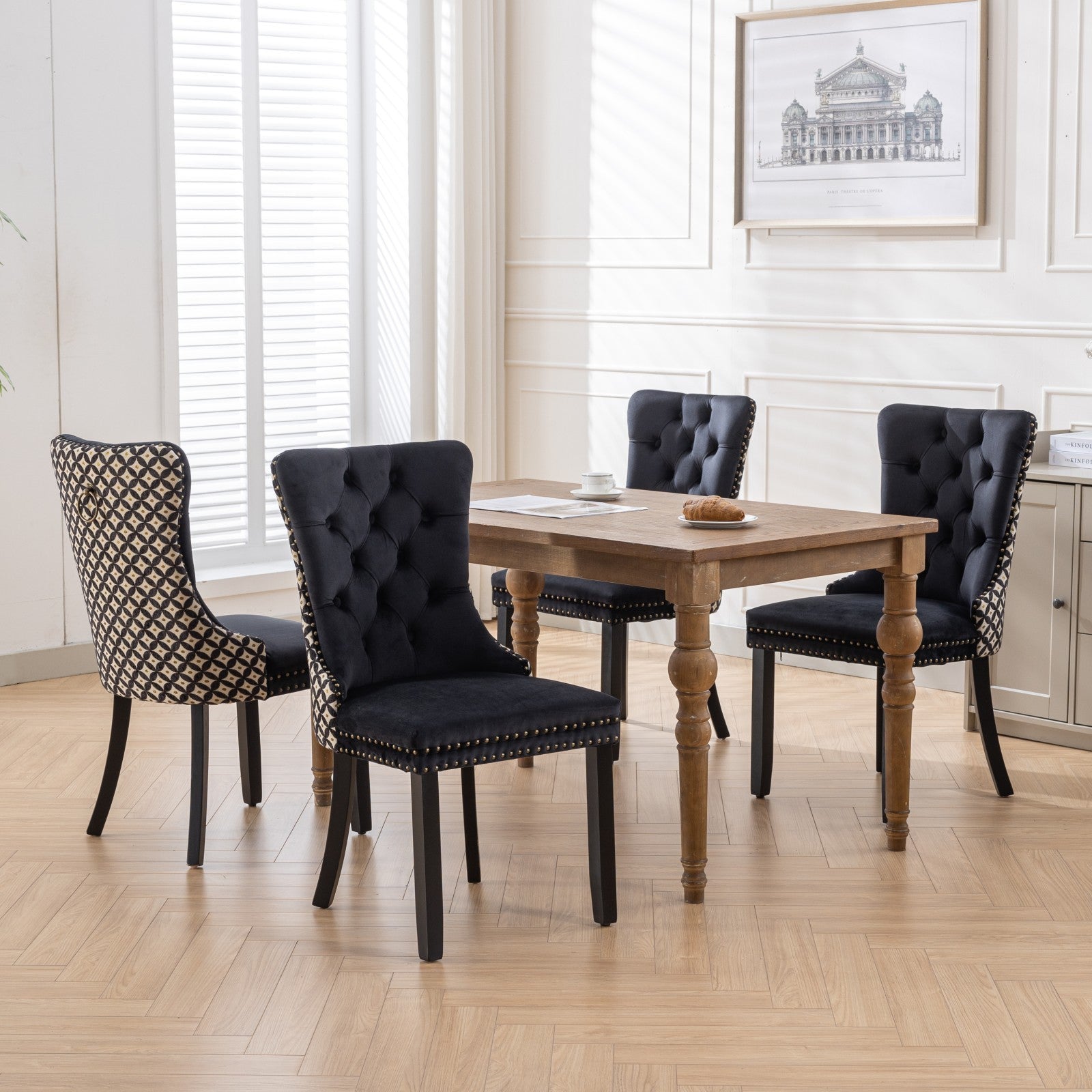Classic Velvet Dining Chairs,  High-end Tufted Solid Wood Contemporary Velvet Upholstered Dining Chair with Wood Legs Nailhead, SET OF 2,Black and Patterned,SW2201BK - Grand Goldman Shop