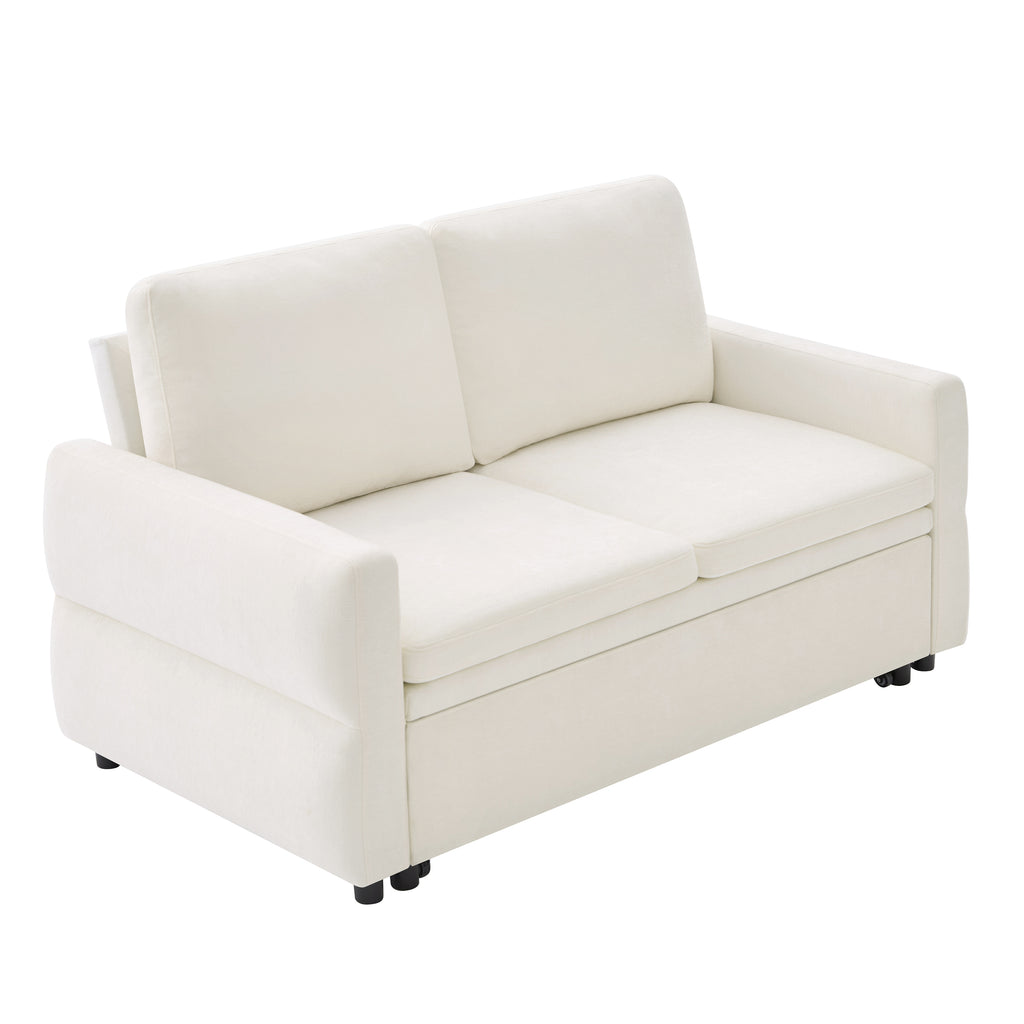 Convertible Sofa Bed 62.75' Loveseat with Adjustable Backrest and USB Ports in Beige Chenille Fabric - Grand Goldman Shop