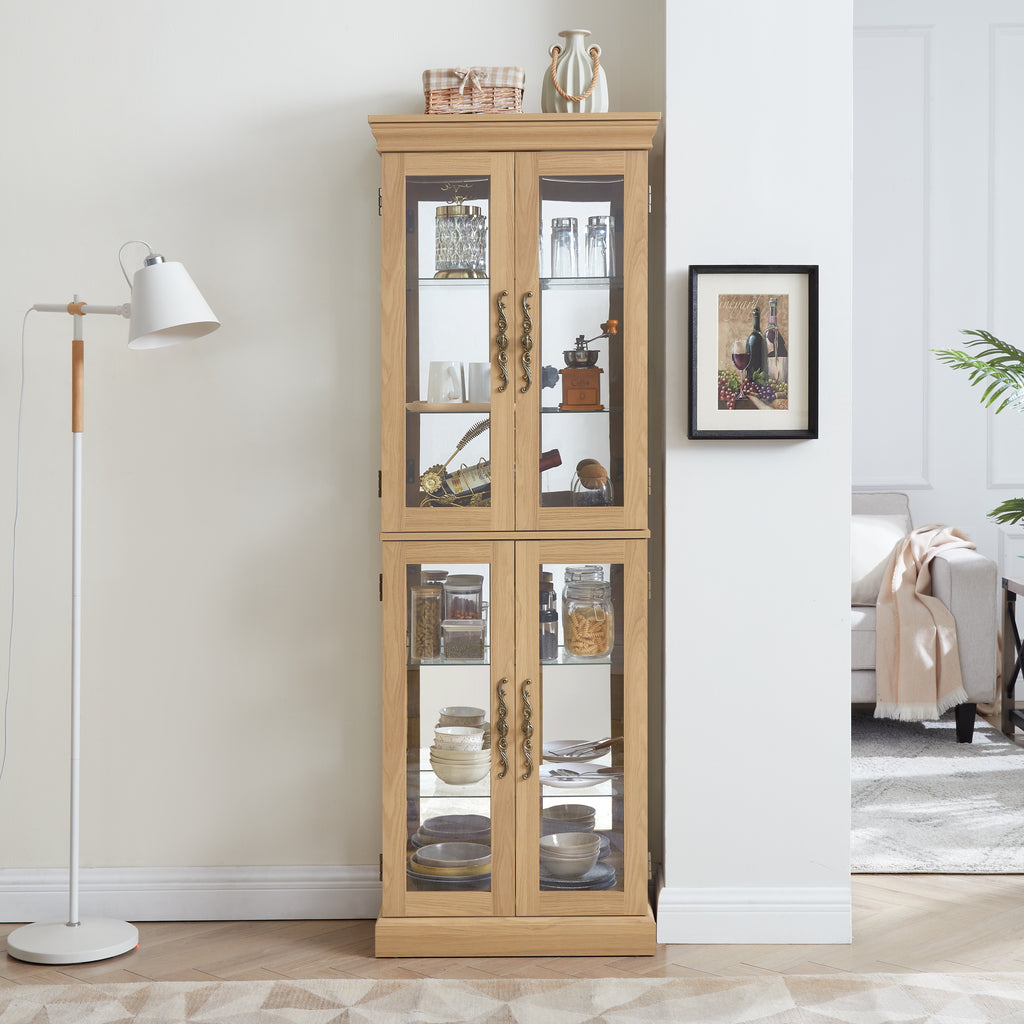Lighted Glass Curio Display Cabinet,Display Cabinet,Glass Storage Cabinet Glass Wine cabinet Wood Frame Toy Display for Living Room, Kitchen, Pantry light bulb included Light oak - Grand Goldman Shop