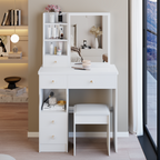 29.2' Small Space Left Drawer Desktop Vanity Table + Cushioned Stool, Extra Large Right sliding mirror, Multi Layer High Capacity Storage, Practical Fashionable Dresser, Suitable For Small Space - Grand Goldman Shop