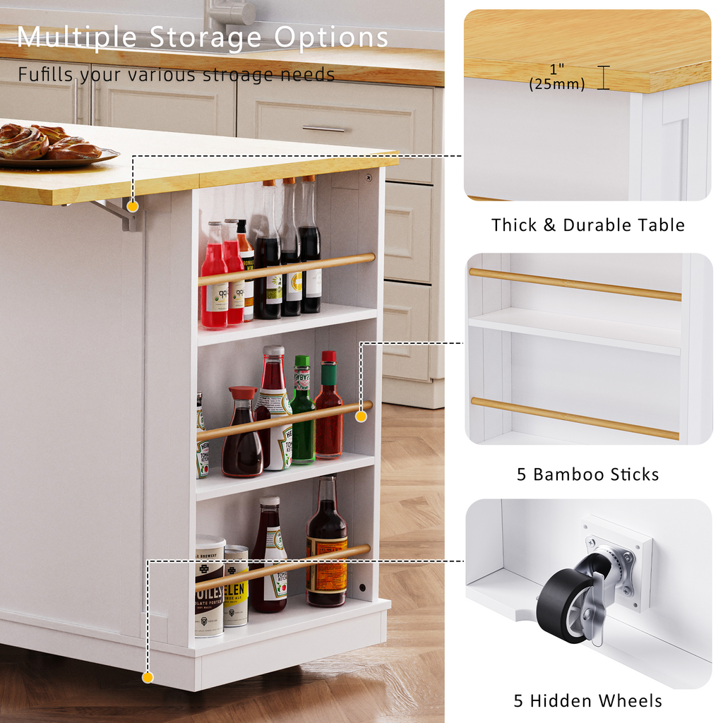 K&K 53inch Large Kitchen Island with Drop Leaf,Power Outlet,Door Internal Storage Rack,Rolling Kitchen Cart on 5 Wheels with 5 Open Side Racks for Kitchen,White (Two Packages)(Stools not included) - Grand Goldman Shop