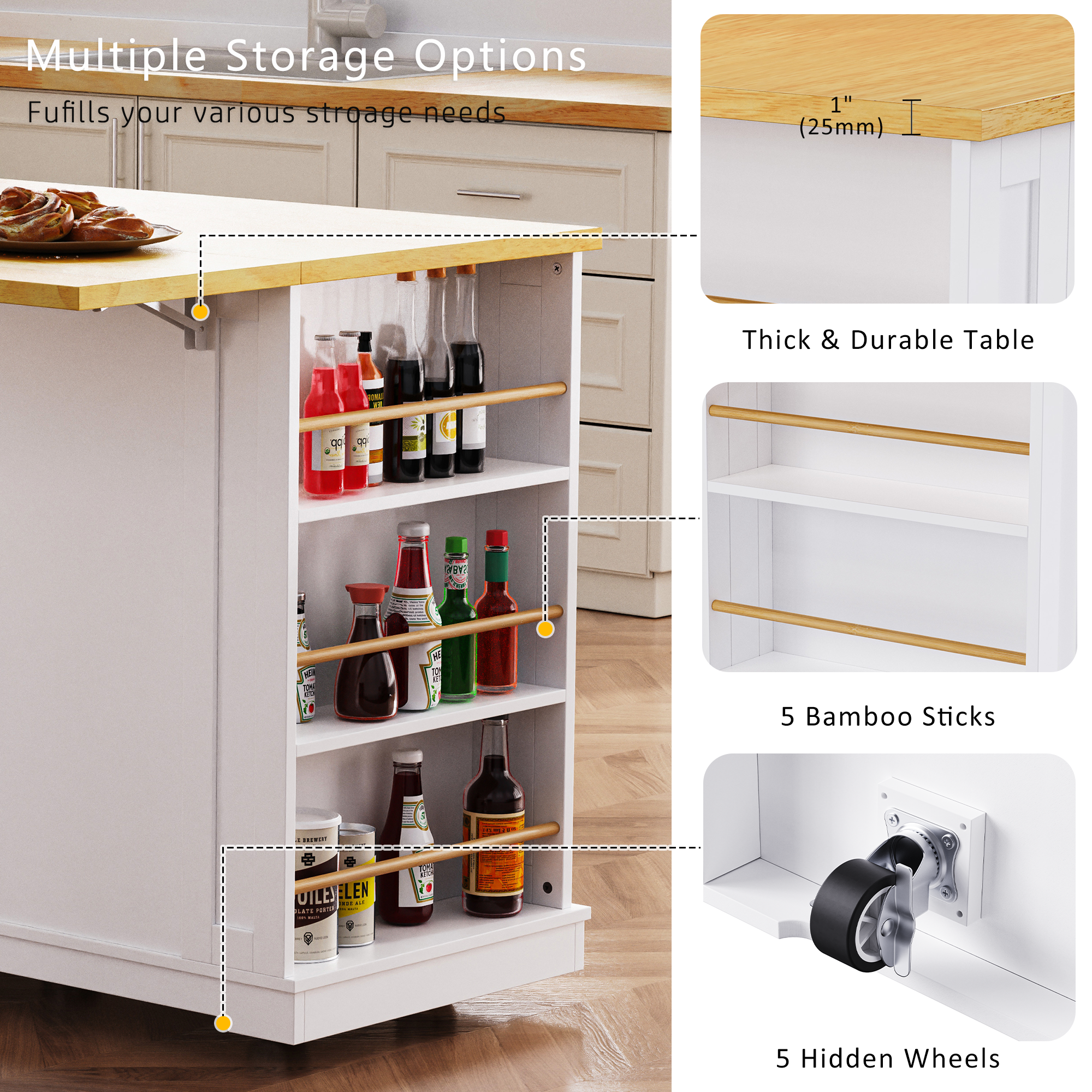 K&K 53inch Large Kitchen Island with Drop Leaf,Power Outlet,Door Internal Storage Rack,Rolling Kitchen Cart on 5 Wheels with 5 Open Side Racks for Kitchen,White (Two Packages)(Stools not included) - Grand Goldman Shop