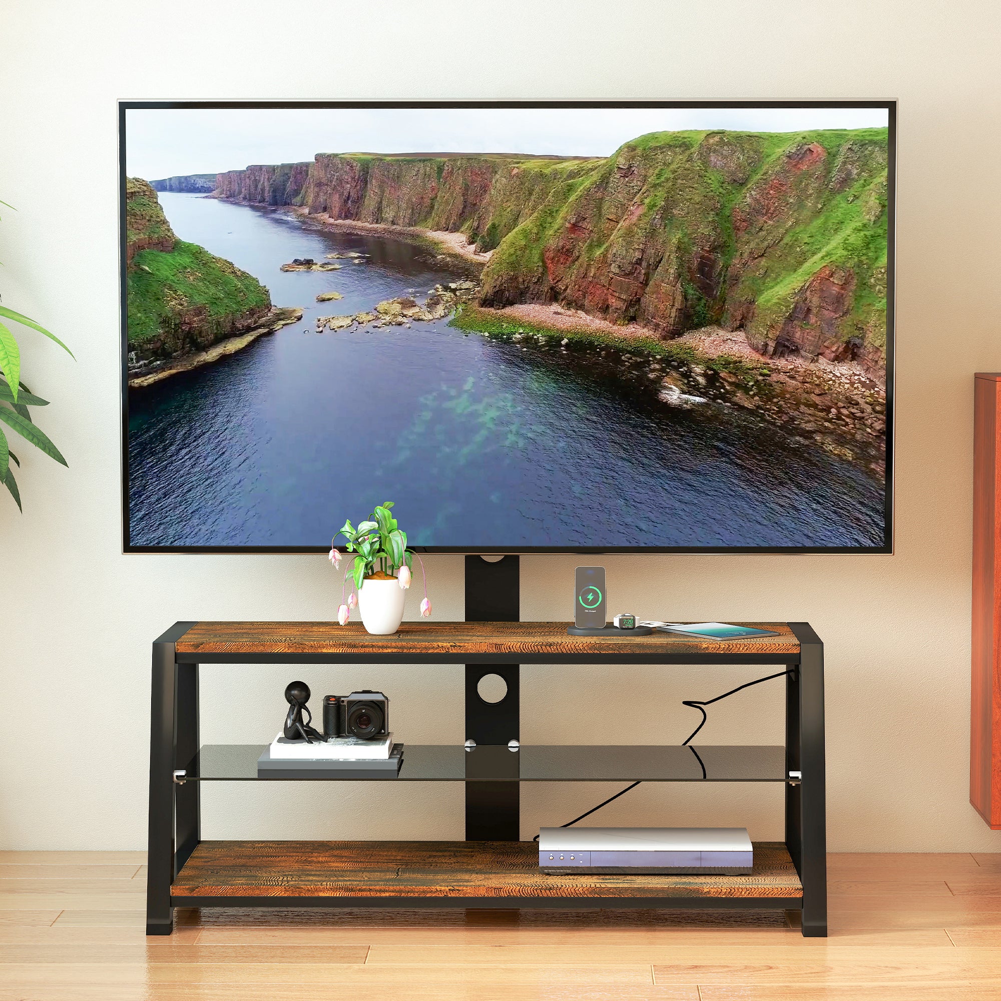 Wooden Storage TV Stand Black Tempered Glass Height Adjustable Universal Swivel Entertainment Center With Mount TV Stand, Rustic Browm - Grand Goldman Shop