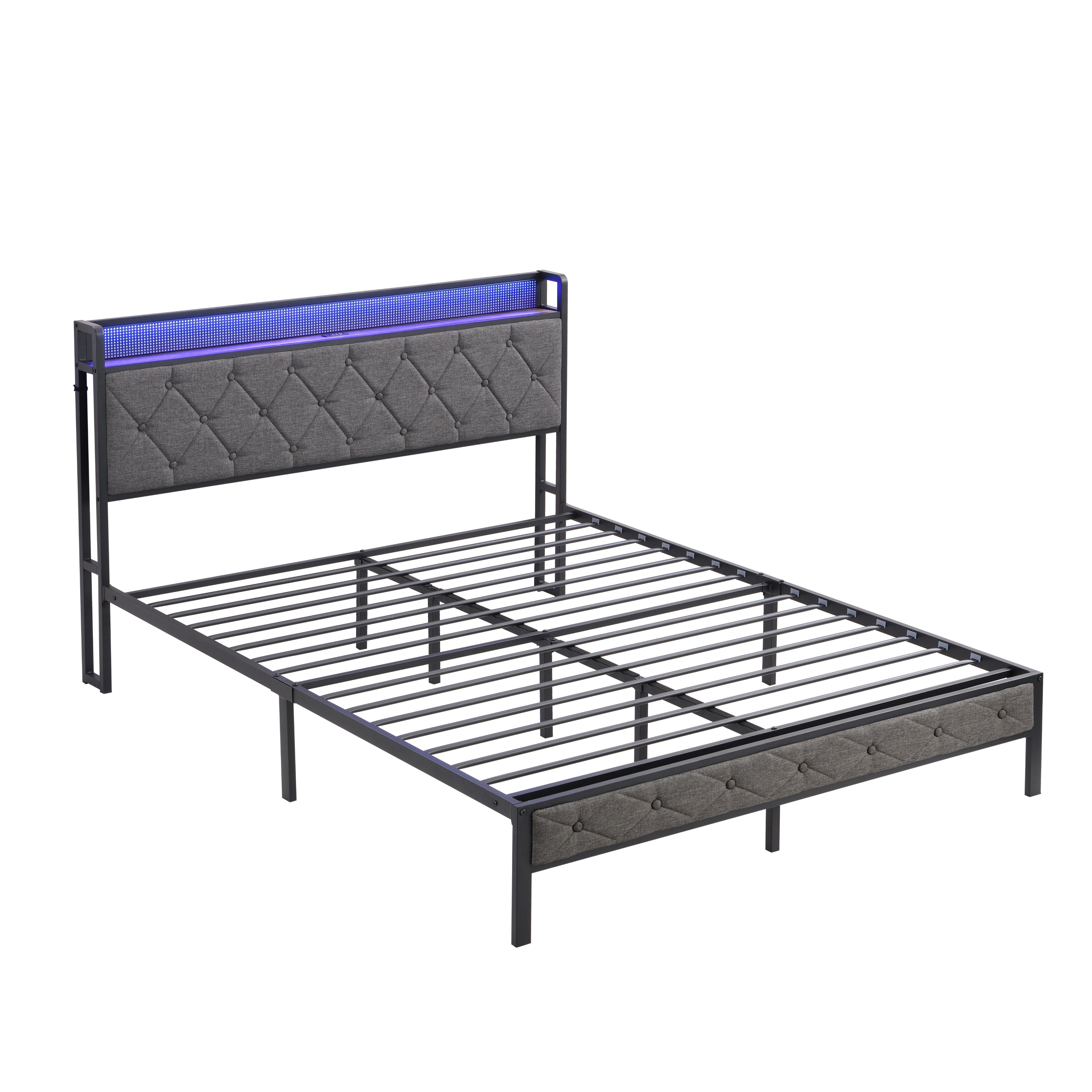 Full Bed Frame with  Storage Headboard, Charging Station and LED Lights, Upholstered Platform Bed with Heavy Metal Slats, No Box Spring Needed, Noise Free, Easy Assembly, Dark Gray - Grand Goldman Shop