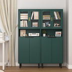 Tempered Glass Door Tall Storage Bookcase with adjustable board, 4 doors MDF painting finished cabinet, Green, Living room Bedroom storage - Grand Goldman Shop
