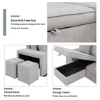Modern Reversible L-Shape Pull Out Sleeper Sofa with Storage Chaise and Stools, Gray Linen, 104.5' - Grand Goldman Shop