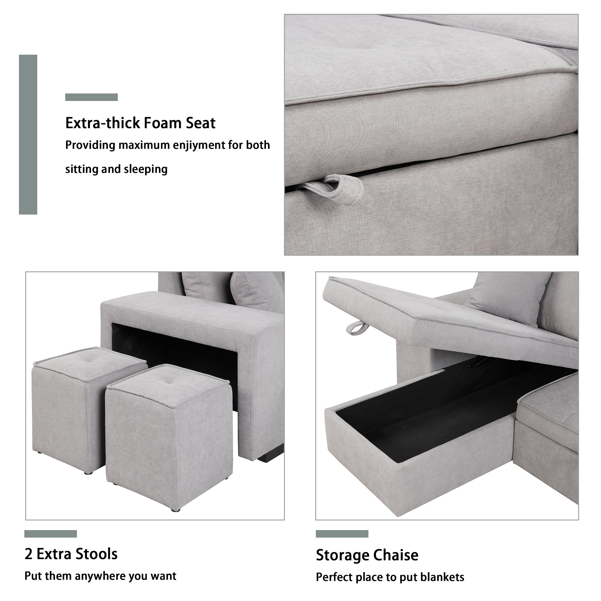 Modern Reversible L-Shape Pull Out Sleeper Sofa with Storage Chaise and Stools, Gray Linen, 104.5' - Grand Goldman Shop