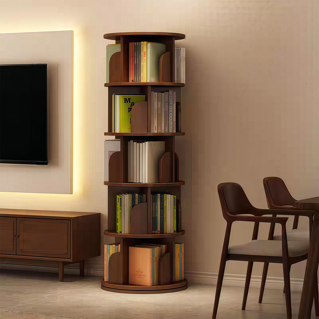 5 Tier Rotating Bookshelf, 360° Display Round Spinning Bookshelf, Space-Saving, Small Space Rotating Bookshelf Tower for Bedroom, Living Room, Home, Office, Walnut - Grand Goldman Shop