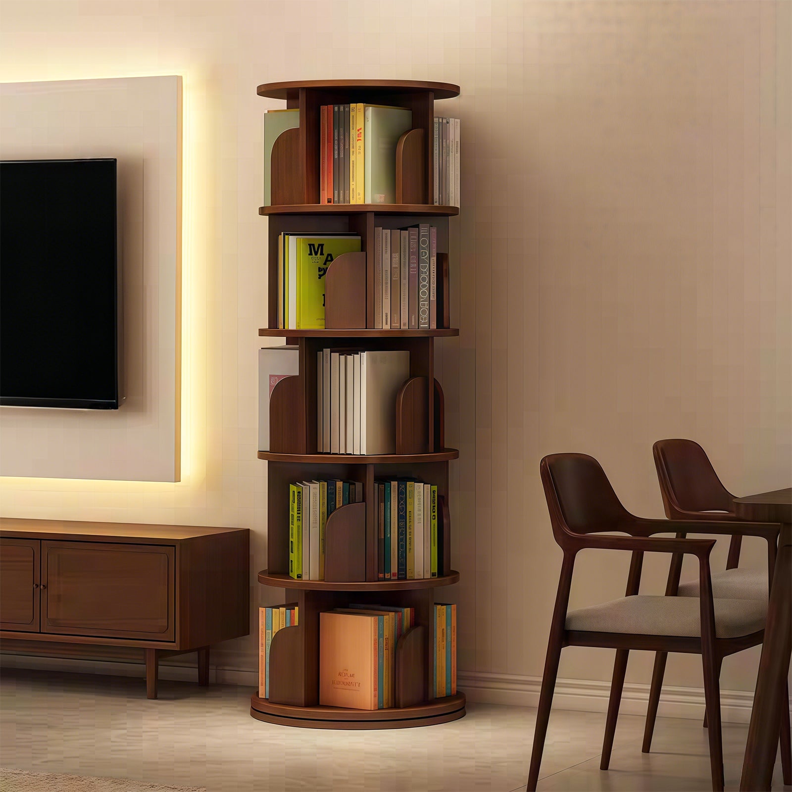 5 Tier Rotating Bookshelf, 360° Display Round Spinning Bookshelf, Space-Saving, Small Space Rotating Bookshelf Tower for Bedroom, Living Room, Home, Office, Walnut - Grand Goldman Shop