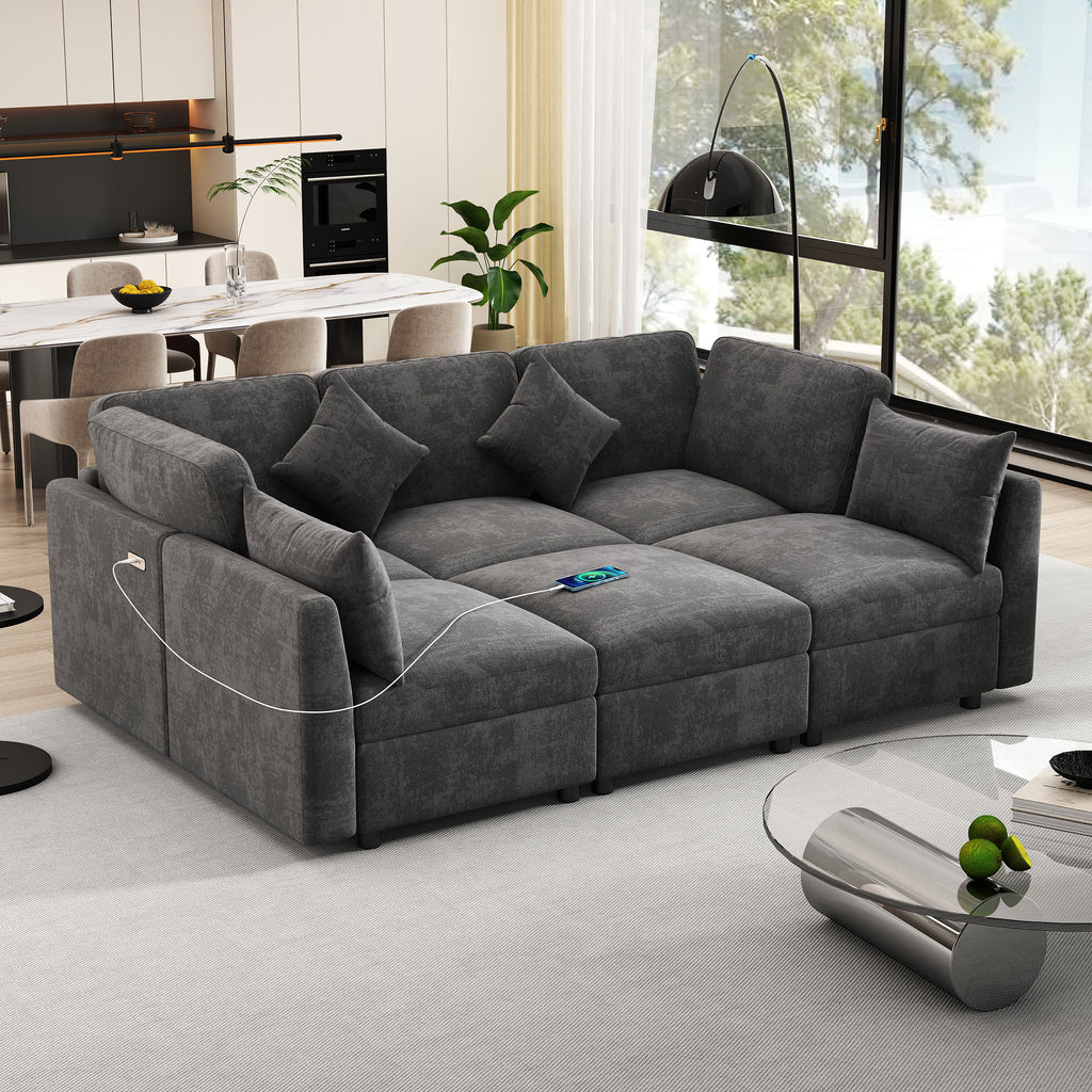 Stylish Modular U-Shaped Sectional Sofa with USB Ports, Black Chenille, 86.6' - Grand Goldman Shop