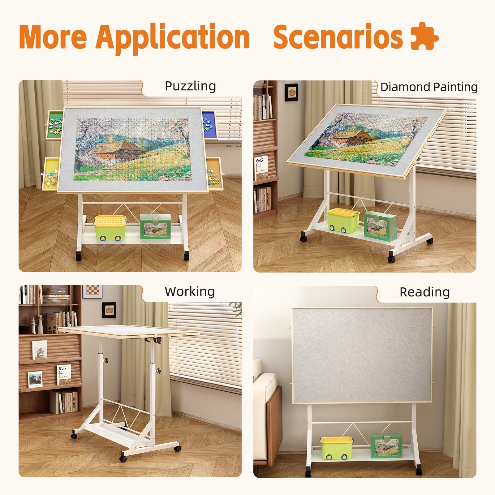 (WHITE) Wooden 1500 Piece Puzzle Table with Drawer, 35'*27.17' Adjustable Puzzle Table, 360° Tilting Puzzle Table with Legs a