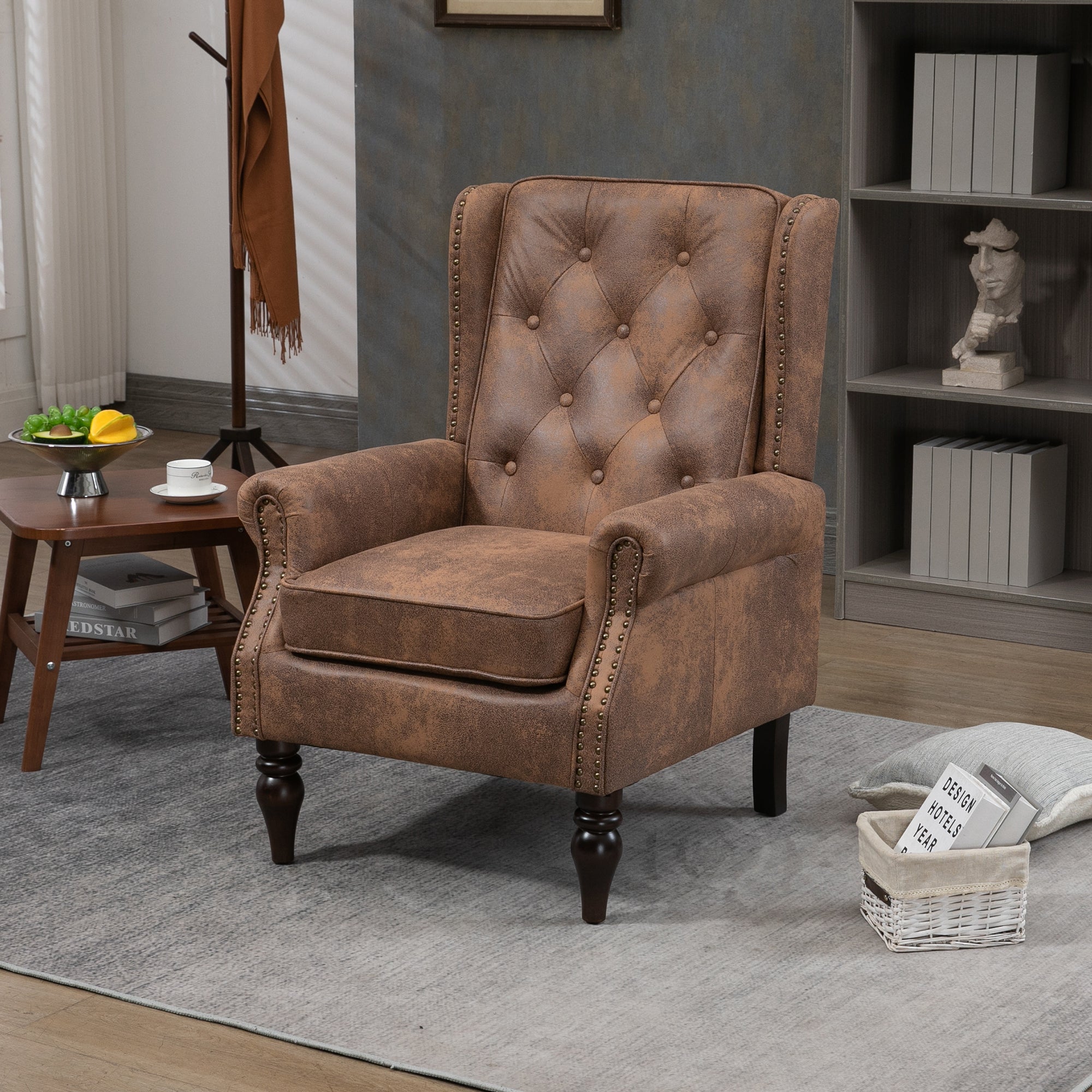Modern Coffee Wood Frame Armchair with Sturdy Wood Legs and Microsuede Upholstery for Living Room - Grand Goldman Shop