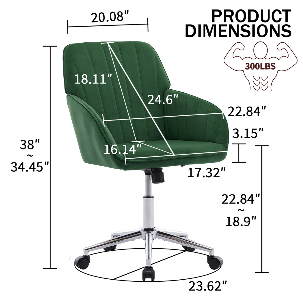 TY Adjustable Office Chair, Ergonomic Swivel Chair with Velvet Backrest Seat in Green, Comfortable for Long Sitting - Grand G