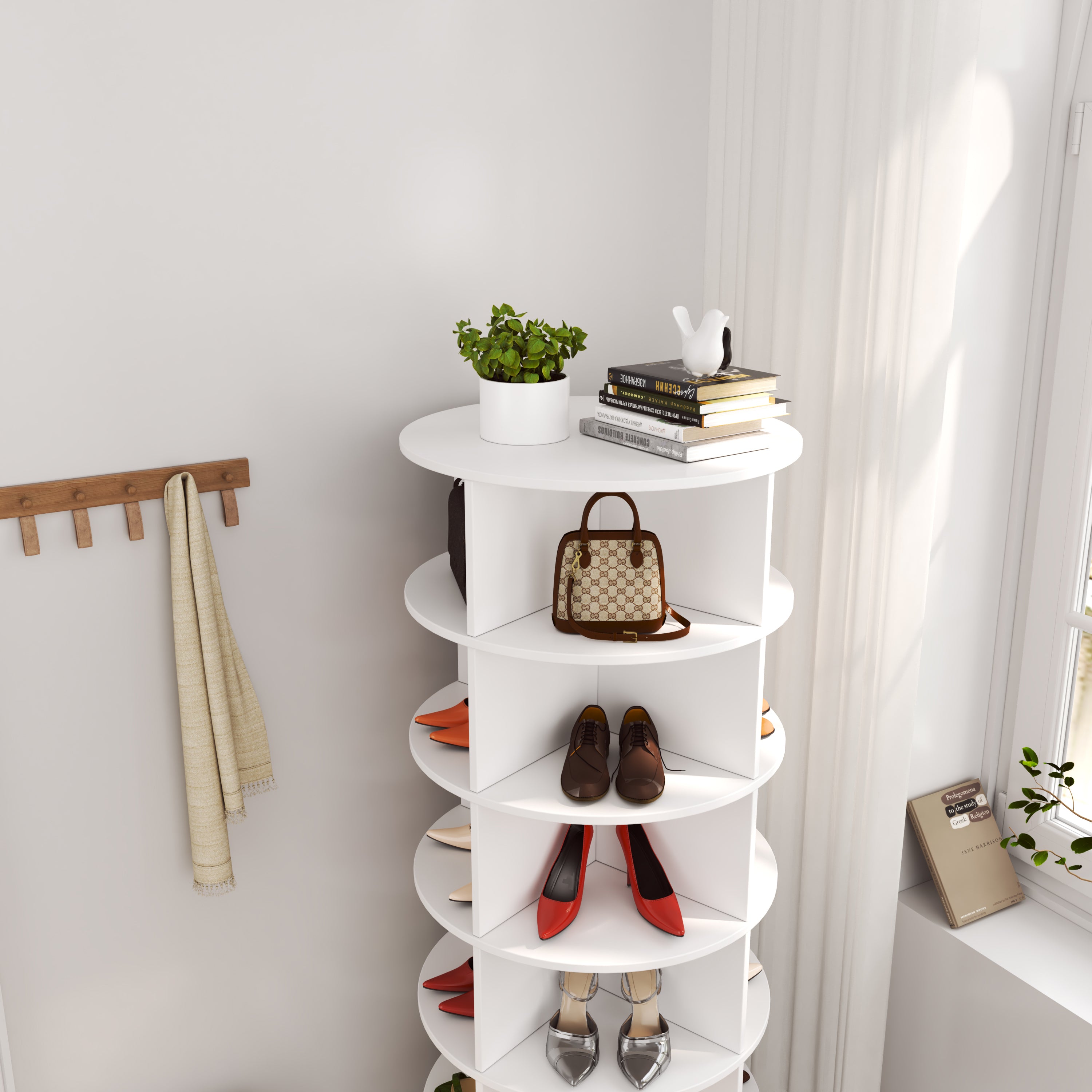 Modern 360 Rotating Shoe Cabinet with 6 Layers in White Particle Board and MDF - Grand Goldman Shop