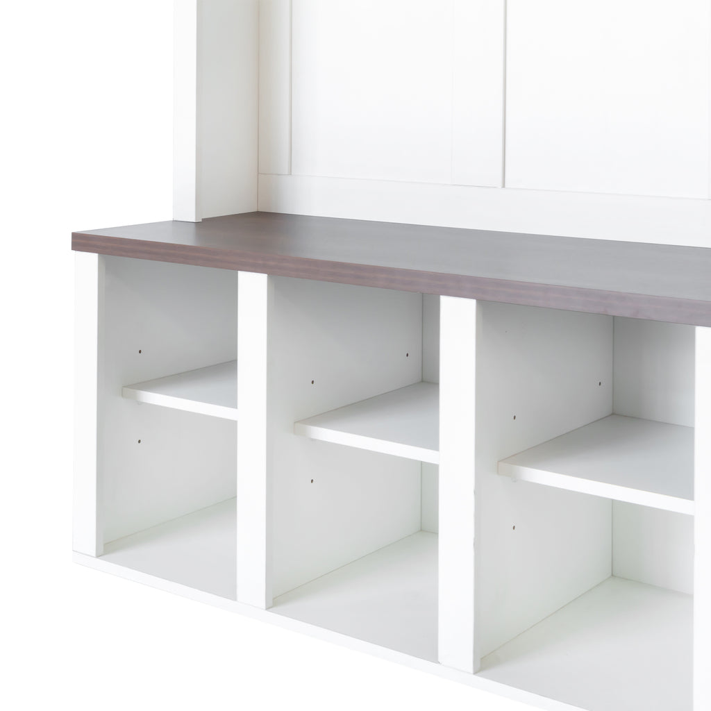 Farmhouse Wooden Hall Tree with 6 Hooks, Walnut Storage Bench with Adjustable Shelves, 4-in-1 Entryway Shoe Cabinet with Cubbies for Mudroom, Living Room, White, 76.7'H (OLD SKU: N721S000044K) - Grand Goldman Shop