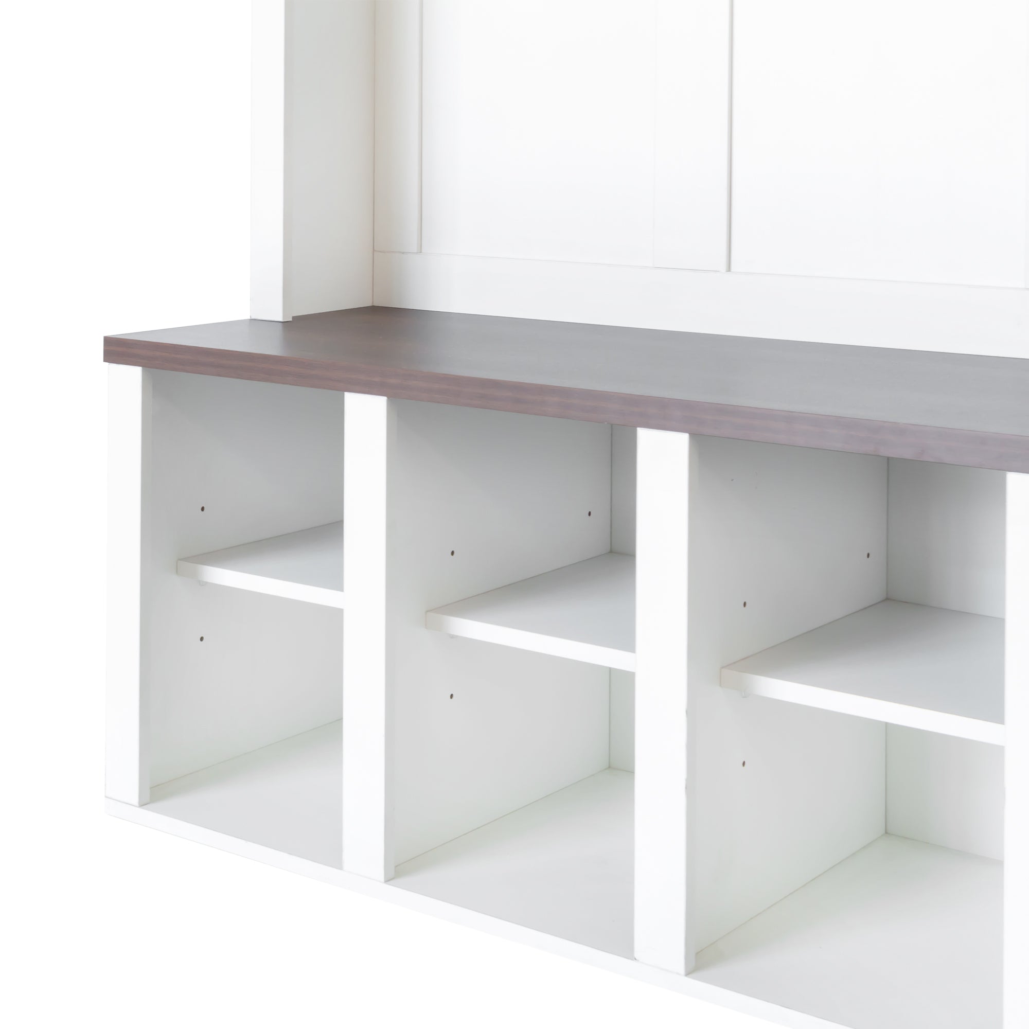 Farmhouse Wooden Hall Tree with 6 Hooks, Walnut Storage Bench with Adjustable Shelves, 4-in-1 Entryway Shoe Cabinet with Cubbies for Mudroom, Living Room, White, 76.7'H (OLD SKU: N721S000044K) - Grand Goldman Shop