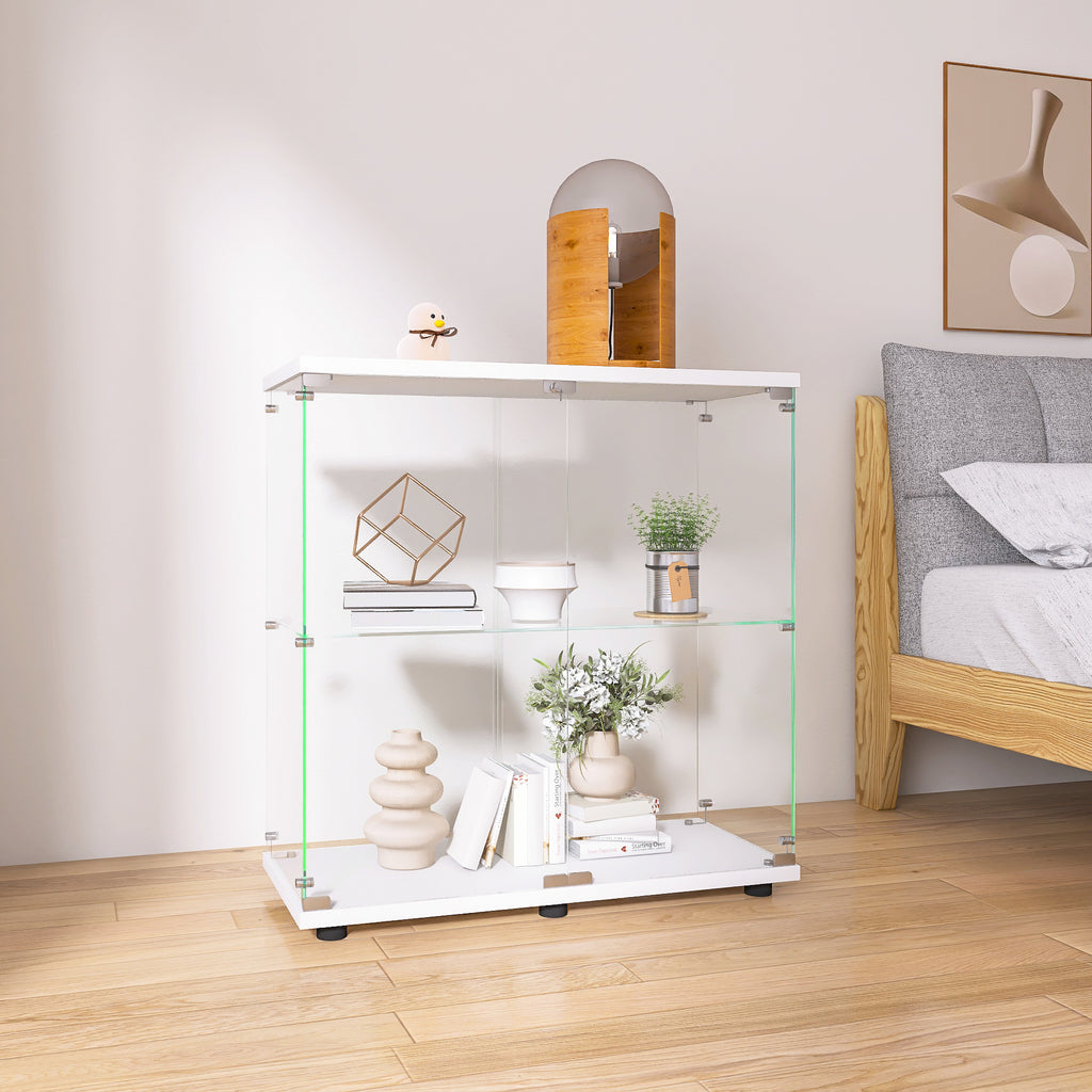 Two-door Glass Display Cabinet 2 Shelves with Door, Floor Standing Curio Bookshelf for Living Room Bedroom Office, 33.35'*31.