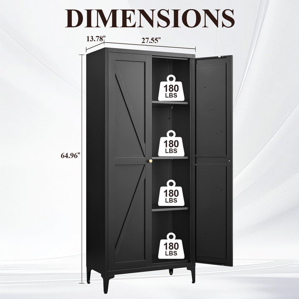 Black Metal Adjustable 2-Door Kitchen Pantry Cabinet with Striped Design and Gold Handles, Tall Steel Storage Locker for Kitc
