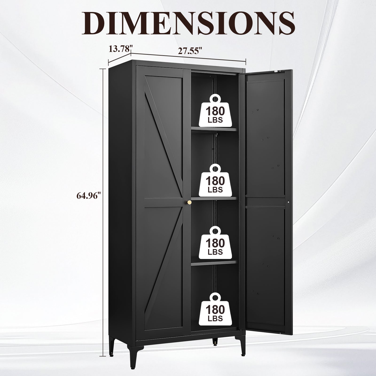 Black Metal Adjustable 2-Door Kitchen Pantry Cabinet with Striped Design and Gold Handles, Tall Steel Storage Locker for Kitc