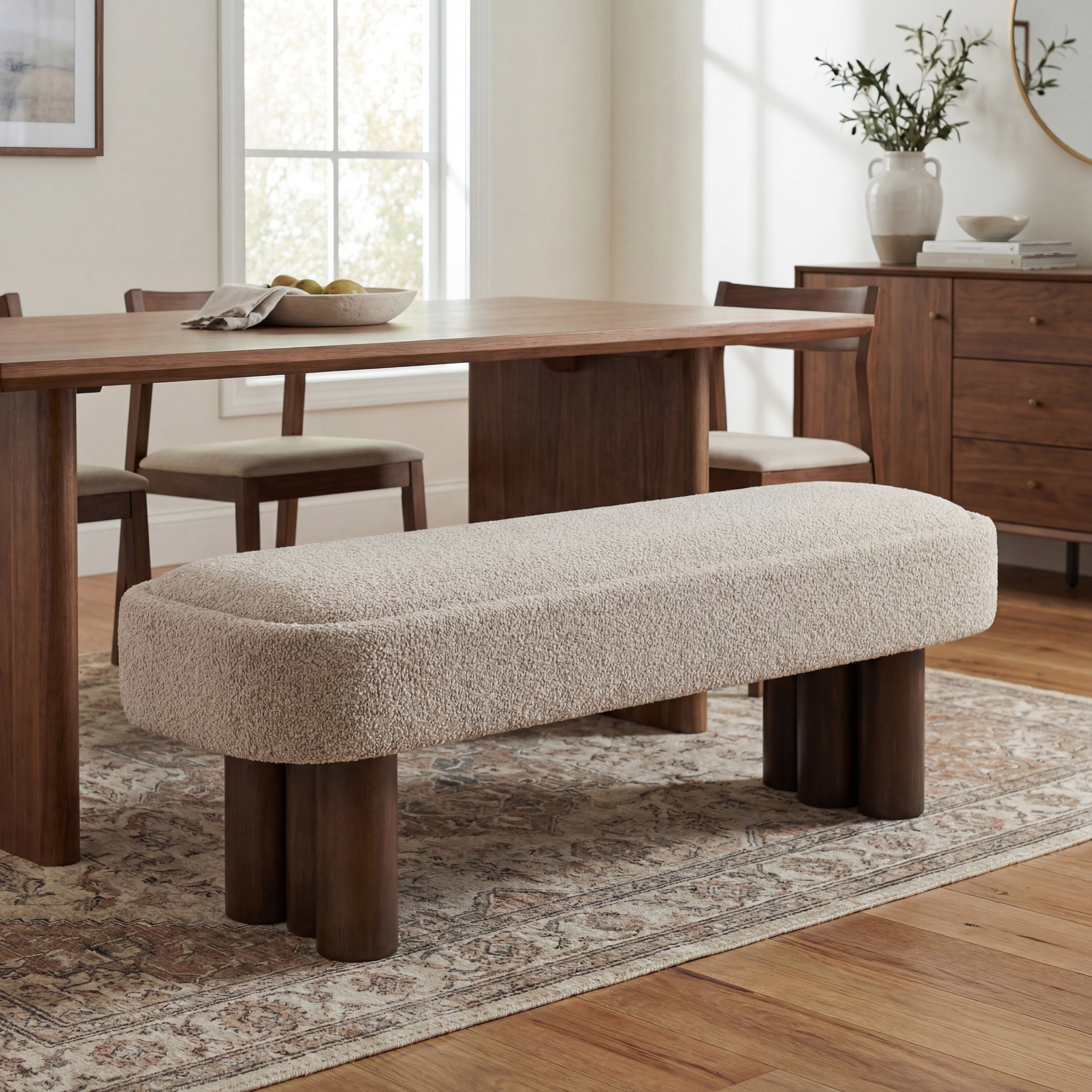 Indoor Khaki Boucle Dining Bench with Walnut Color Legs, 60.04'L Upholstered Seating for Kitchen, Dining Room and Living Space,250lbs Capacity - Grand Goldman Shop