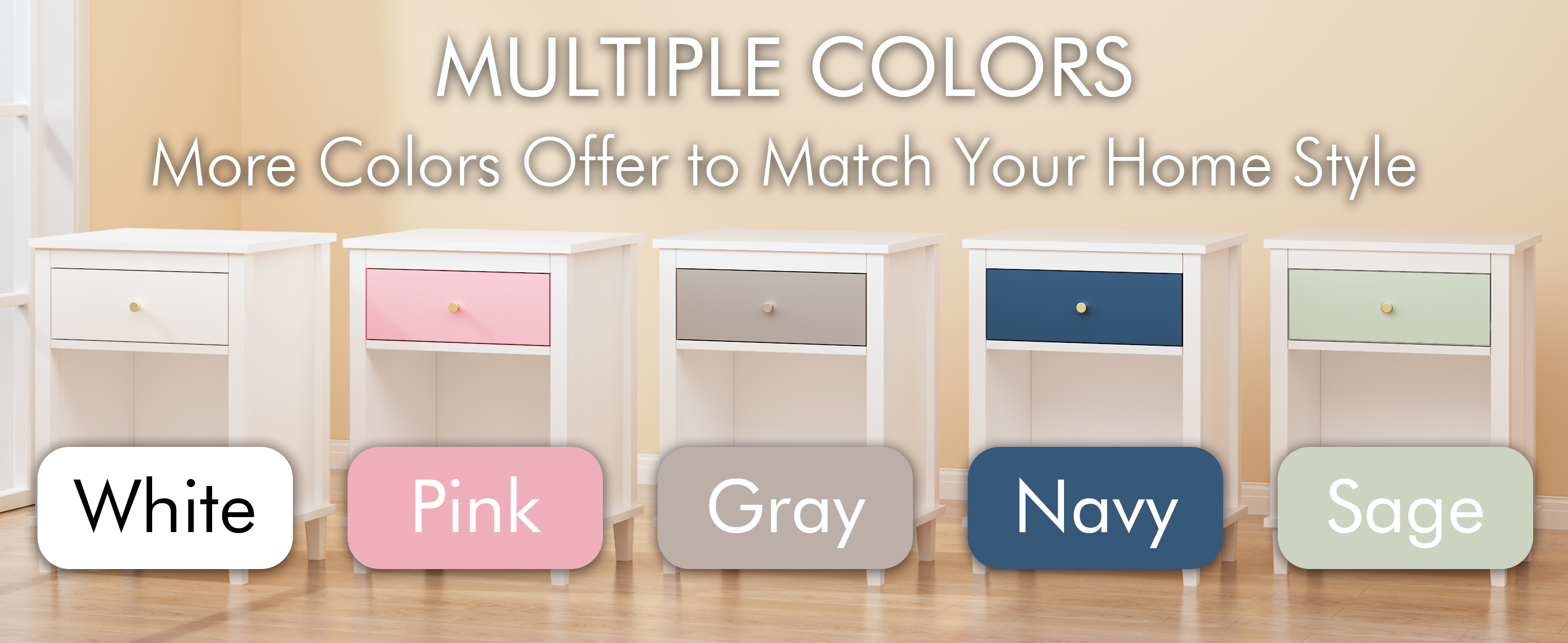 26.77''H White Wooden Nightstand with One Drawer and Shelf, Golden Handle, MDF Construction for Kids and Adults - Grand Goldman Shop