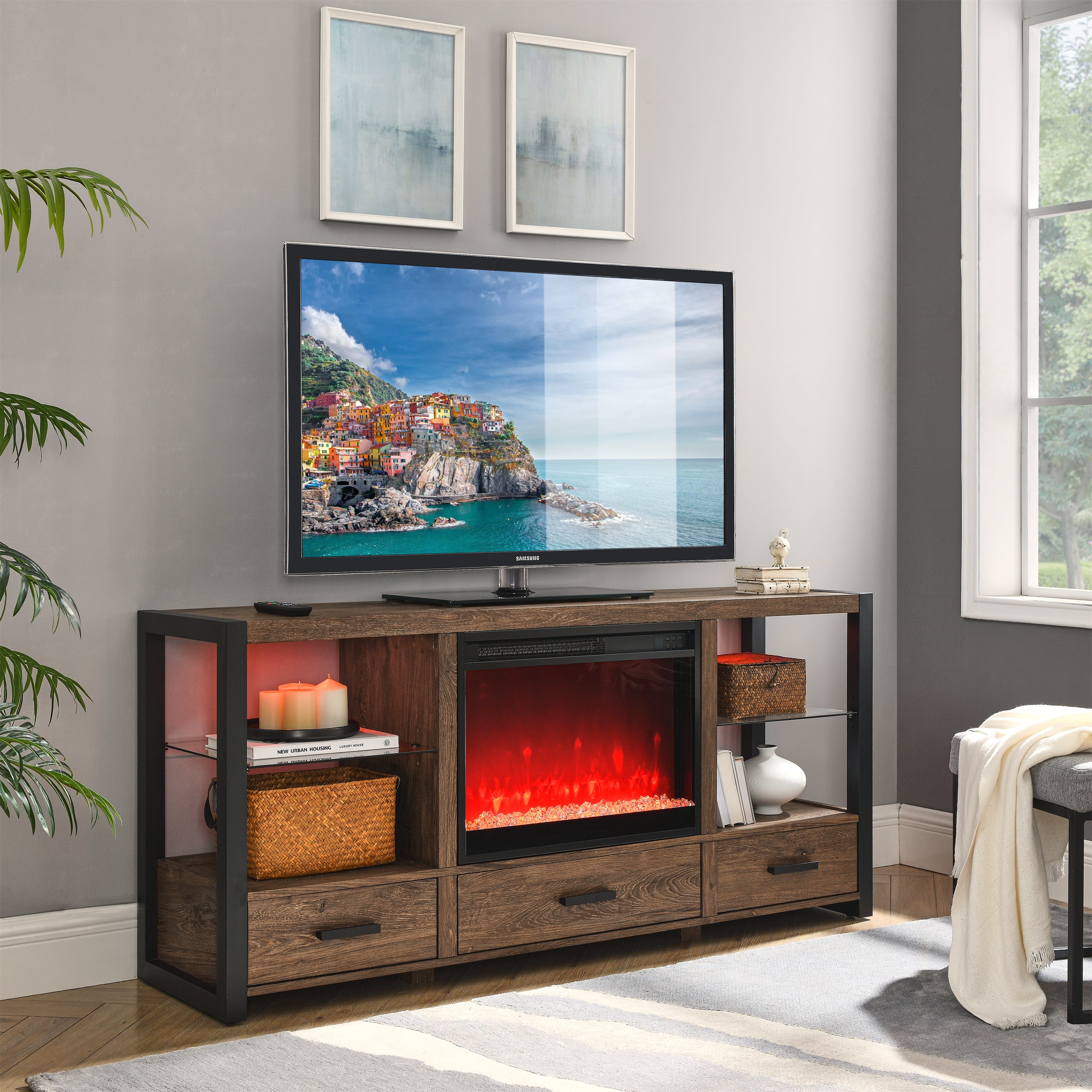 23 inch electric fireplace insert, ultra thin heater with crystal  & realistic flame, remote control with timer, overheating protection,with sidelight - Grand Goldman Shop