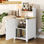 OKD Nightstand with Charging Station, 18 Inch Farmhouse End Table with Barn Door and Adjustable Storage Shelf, Rustic Wood Sofa Side Table w/Magnetic Door for Living Room, Bedroom, Antique White - Grand Goldman Shop