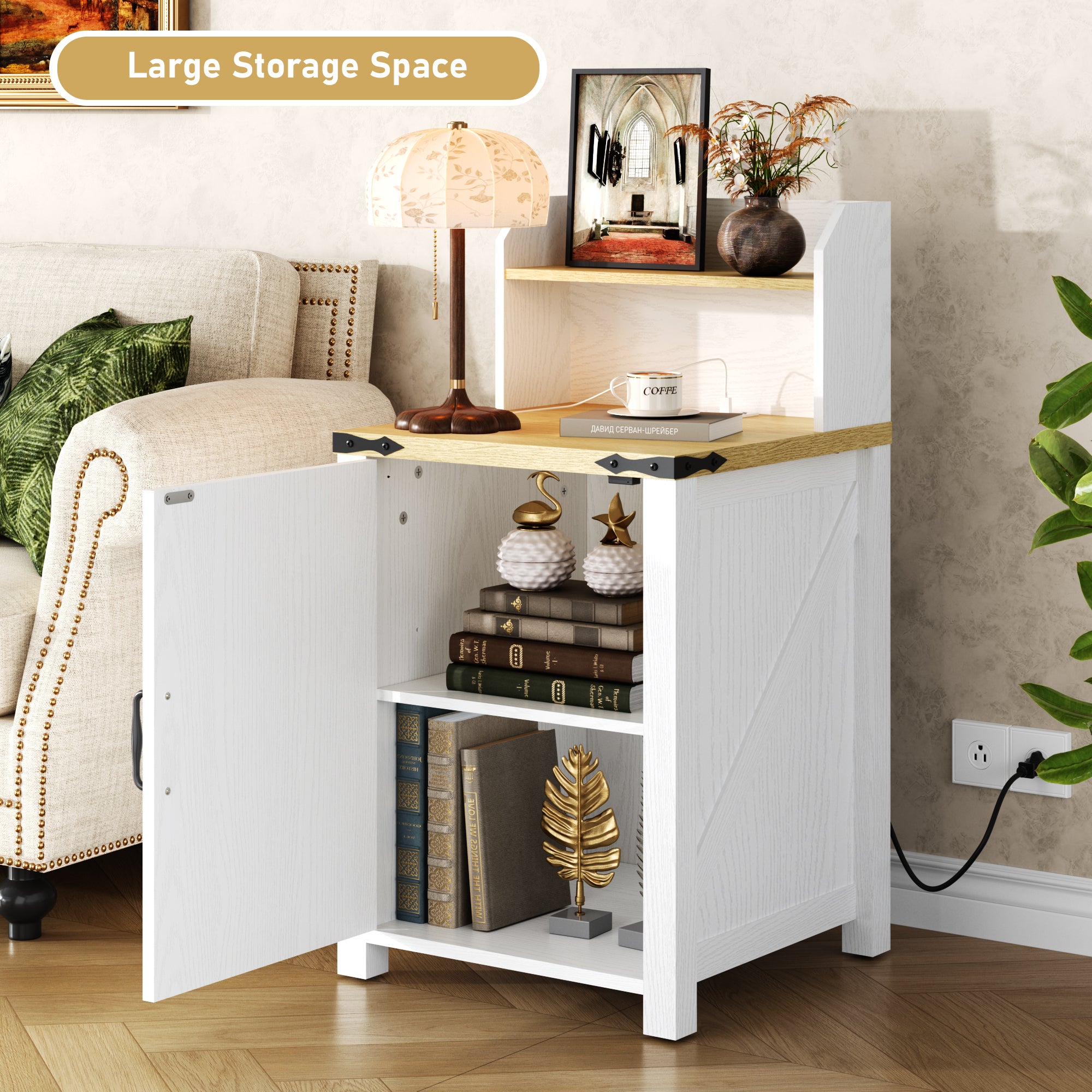 OKD Nightstand with Charging Station, 18 Inch Farmhouse End Table with Barn Door and Adjustable Storage Shelf, Rustic Wood Sofa Side Table w/Magnetic Door for Living Room, Bedroom, Antique White - Grand Goldman Shop
