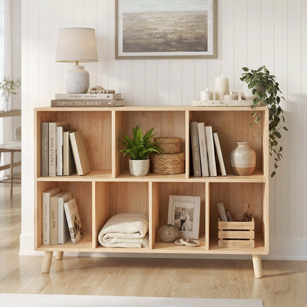 Pine Wood 7 Cube Bookshelf, 45.0'L x 28.5' H Storage Organizer for Books/Toys/Home, Modern Wooden Bookcase for Home/Office | 