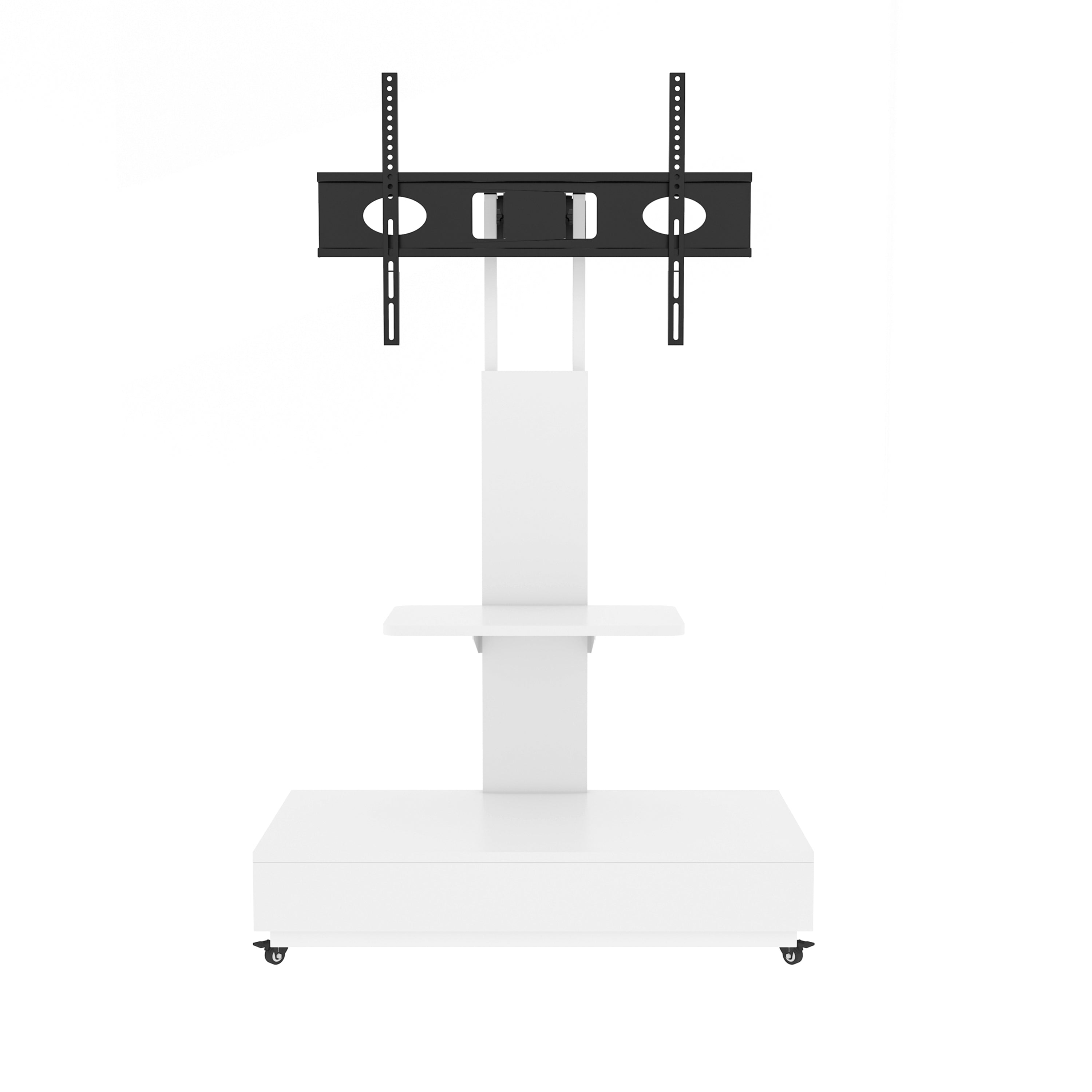 Versatile TV Stand with Push-Pull Drawer, Adjustable Height, Mobile Cart with Wheels, White MDF & Metal, 32-75 Inches - Grand Goldman Shop