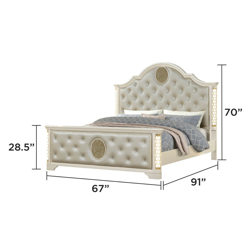 Jasmine Queen 5 Pc LED Bedroom Set in Beige made with Wood and Gold Accents - Grand Goldman Shop