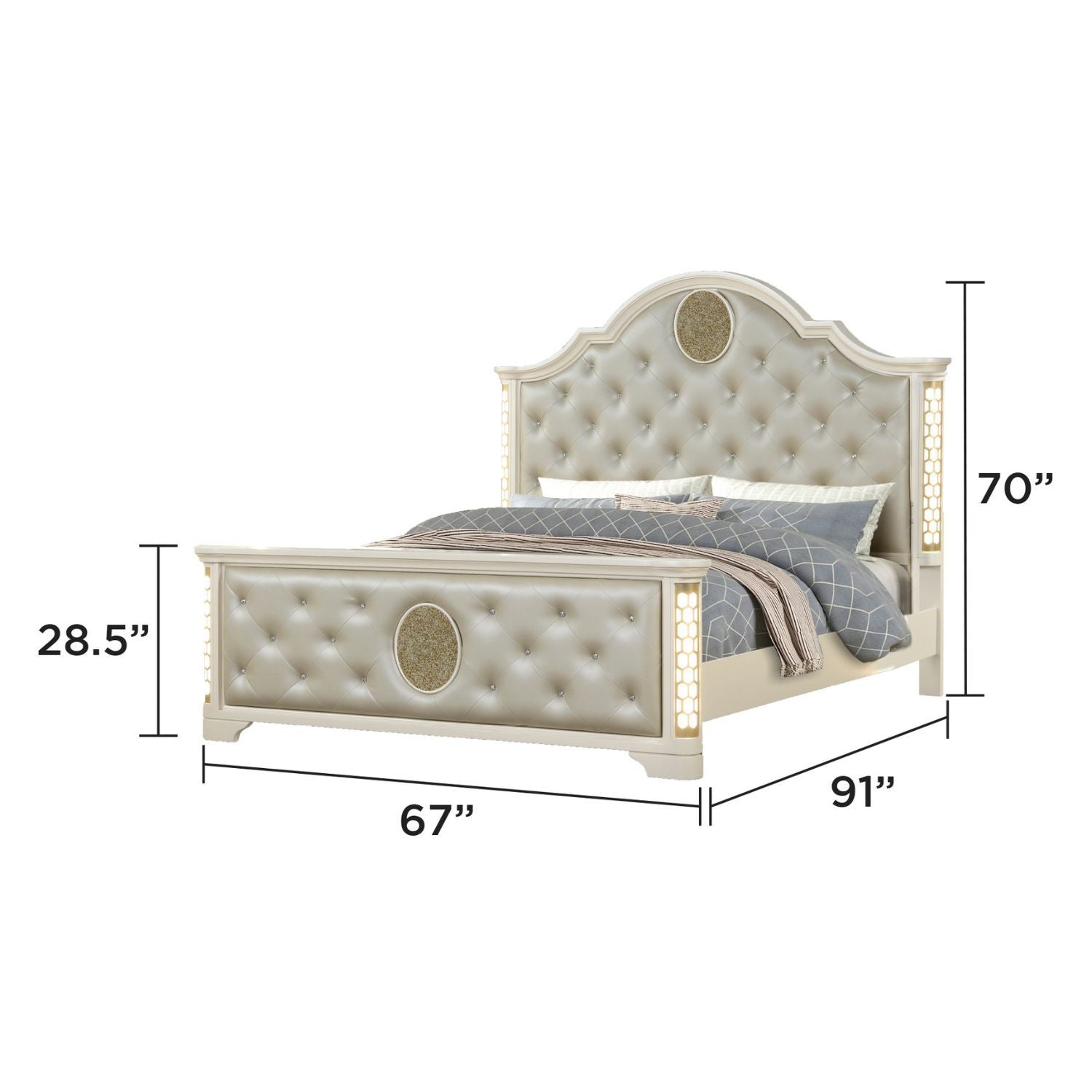 Jasmine Queen 5 Pc LED Bedroom Set in Beige made with Wood and Gold Accents - Grand Goldman Shop