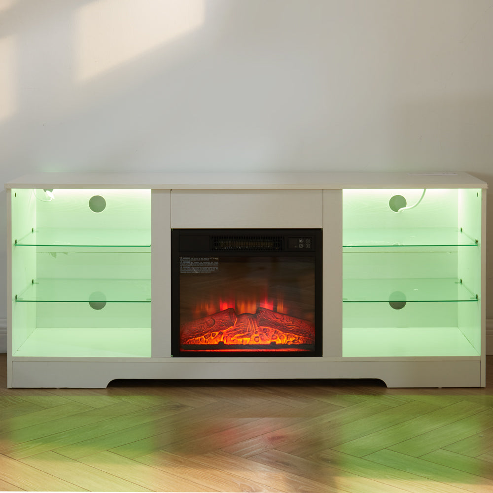 TV Stand Electric Fireplace TV Stand with Glass Shelves, 3D Fireplace TV Stand with LED Lights Wood with USB Charging Outlet Modern Television Table Center for TV up to 32-62' White 58''W*15.4''D*24.6 - Grand Goldman Shop