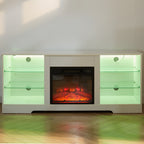 TV Stand Electric Fireplace TV Stand with Glass Shelves, 3D Fireplace TV Stand with LED Lights Wood with USB Charging Outlet Modern Television Table Center for TV up to 32-62' White 58''W*15.4''D*24.6 - Grand Goldman Shop