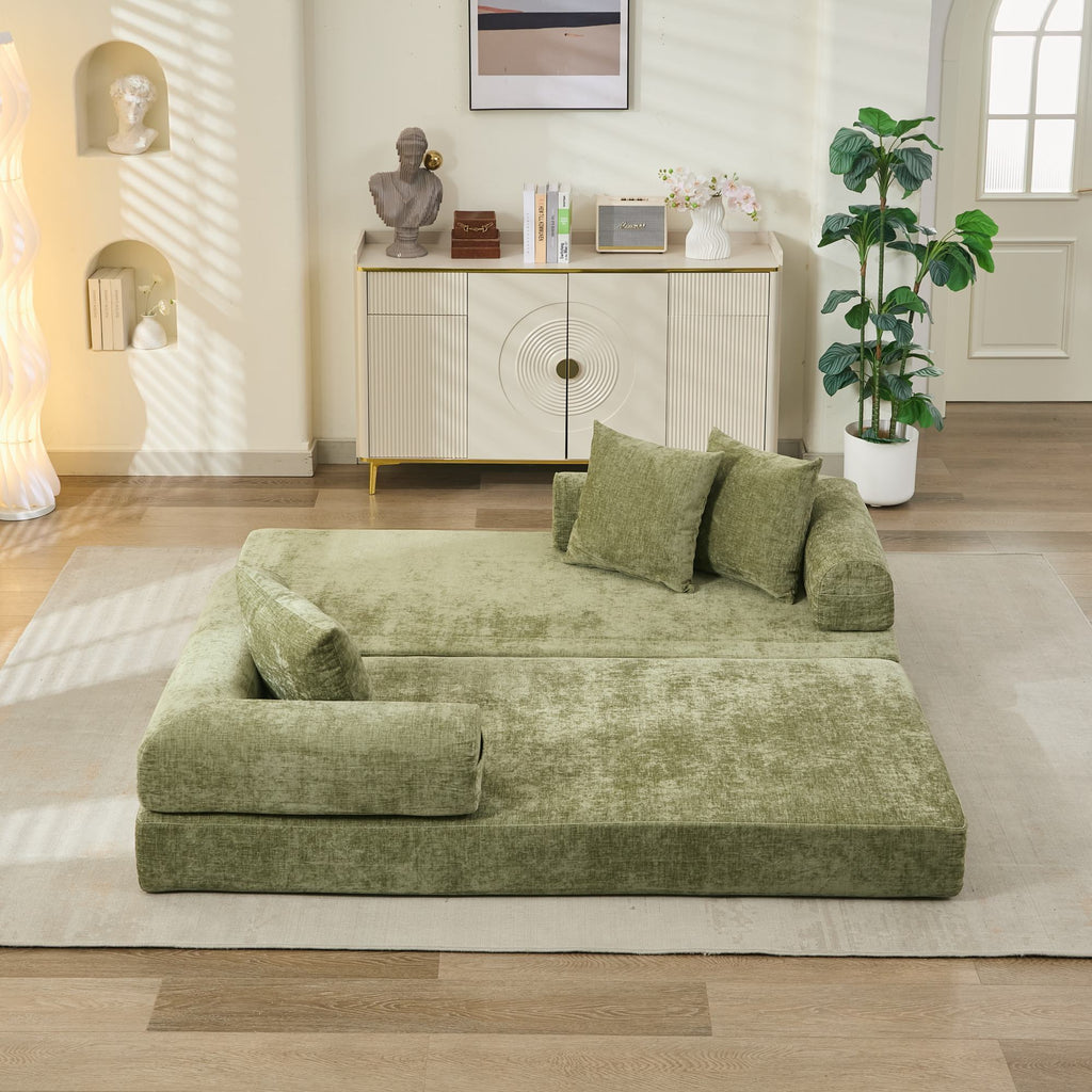 Comfy Convertible Folding Mattress Couch, Floor Sofa Bed, Chenille Floor Sofa with Armrest, Floor Sofa Lounge Couch for Living Room Bedroom Lounge Studio-Green - Grand Goldman Shop