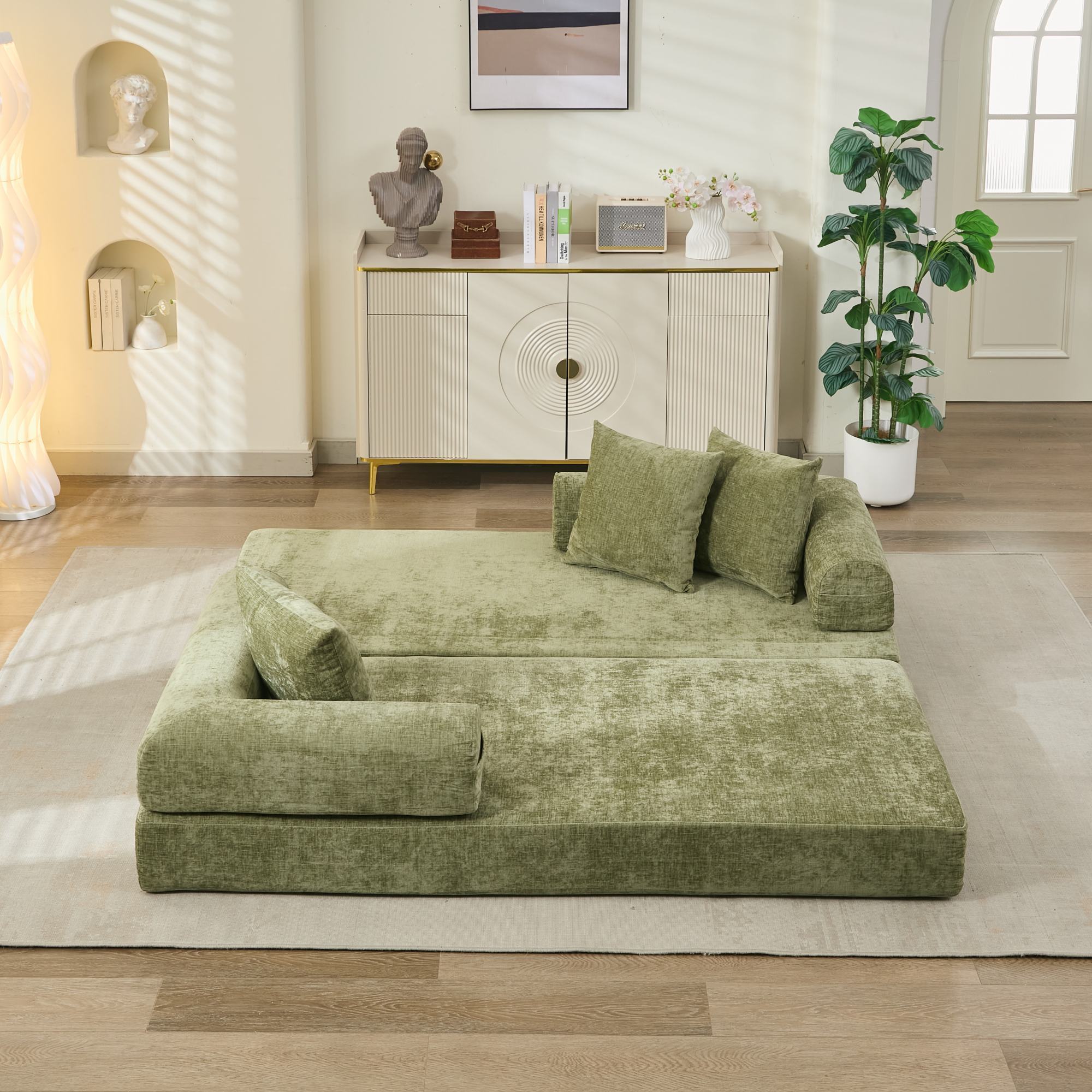 Comfy Convertible Folding Mattress Couch, Floor Sofa Bed, Chenille Floor Sofa with Armrest, Floor Sofa Lounge Couch for Living Room Bedroom Lounge Studio-Green - Grand Goldman Shop