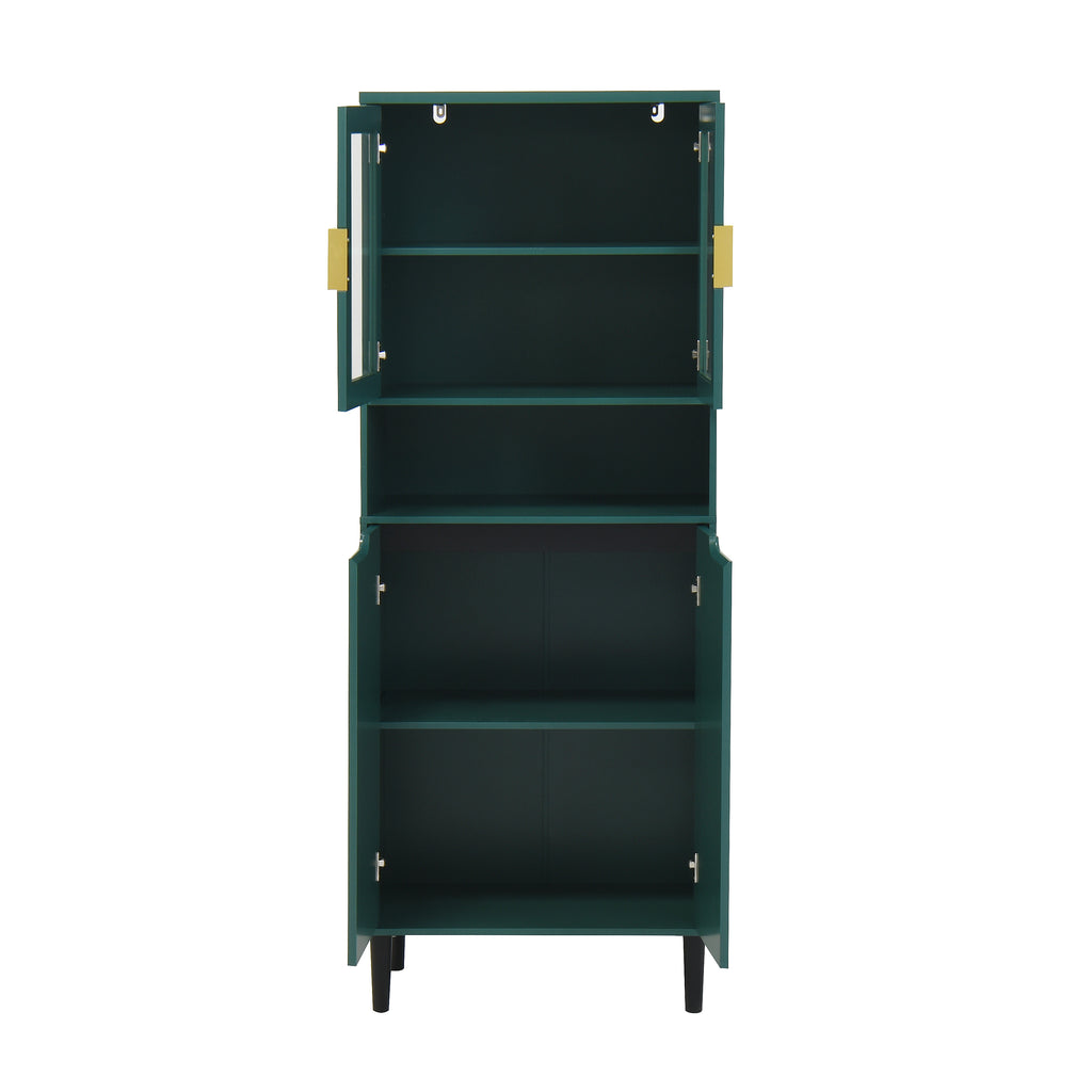 Tempered Glass Door Tall Storage Bookcase with adjustable board, 4 doors MDF painting finished cabinet, Green, Living room Bedroom storage - Grand Goldman Shop