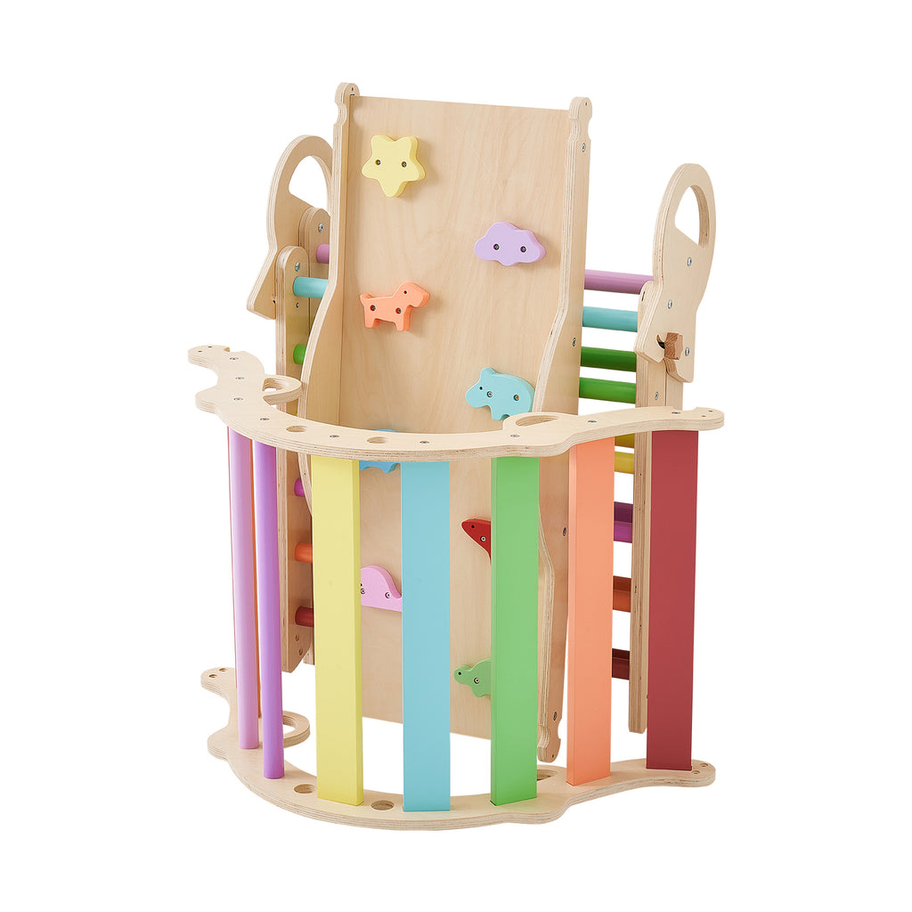 Pikler Triangle Set, 9-in-1 Toddler Climbing Toys Indoor, with 2 Wooden Cars, Cushion, Triangle, Arch, and Ramp, 150 lbs Load