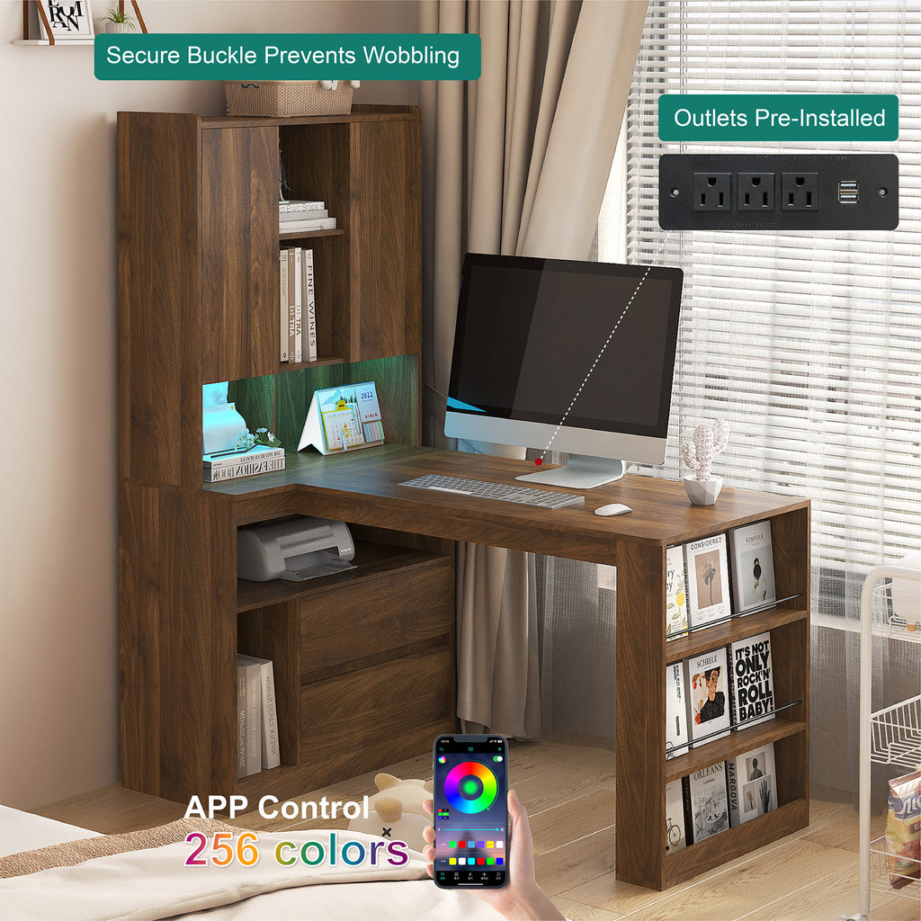 L Shaped Desk,Computer Desk with Drawers,Bookshelf,with LED Light,Modern Corner Desk,Home Office Desk,L-Shaped Study Table Wr