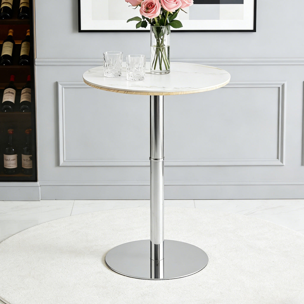 Rock slab circular tabletop non adjustable (39 inches high) bar table, bar table with silver legs and base (white) - Grand Goldman Shop