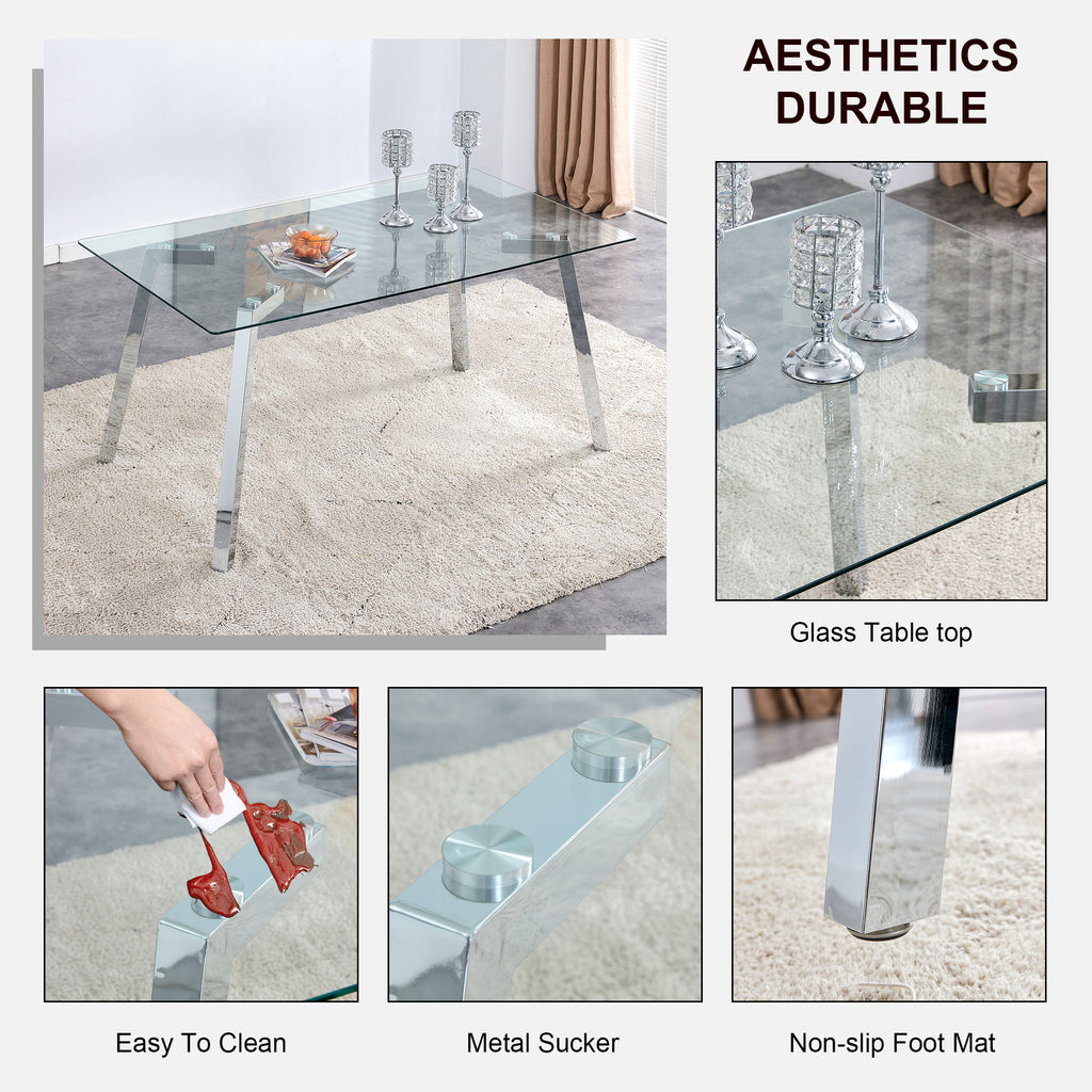 A modern minimalist rectangular glass dining table with tempered glass tabletop and silver metal legs, suitable for kitchens, restaurants, and living rooms,63'*35.4'*30' - Grand Goldman Shop