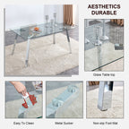 A modern minimalist rectangular glass dining table with tempered glass tabletop and silver metal legs, suitable for kitchens, restaurants, and living rooms,63'*35.4'*30' - Grand Goldman Shop