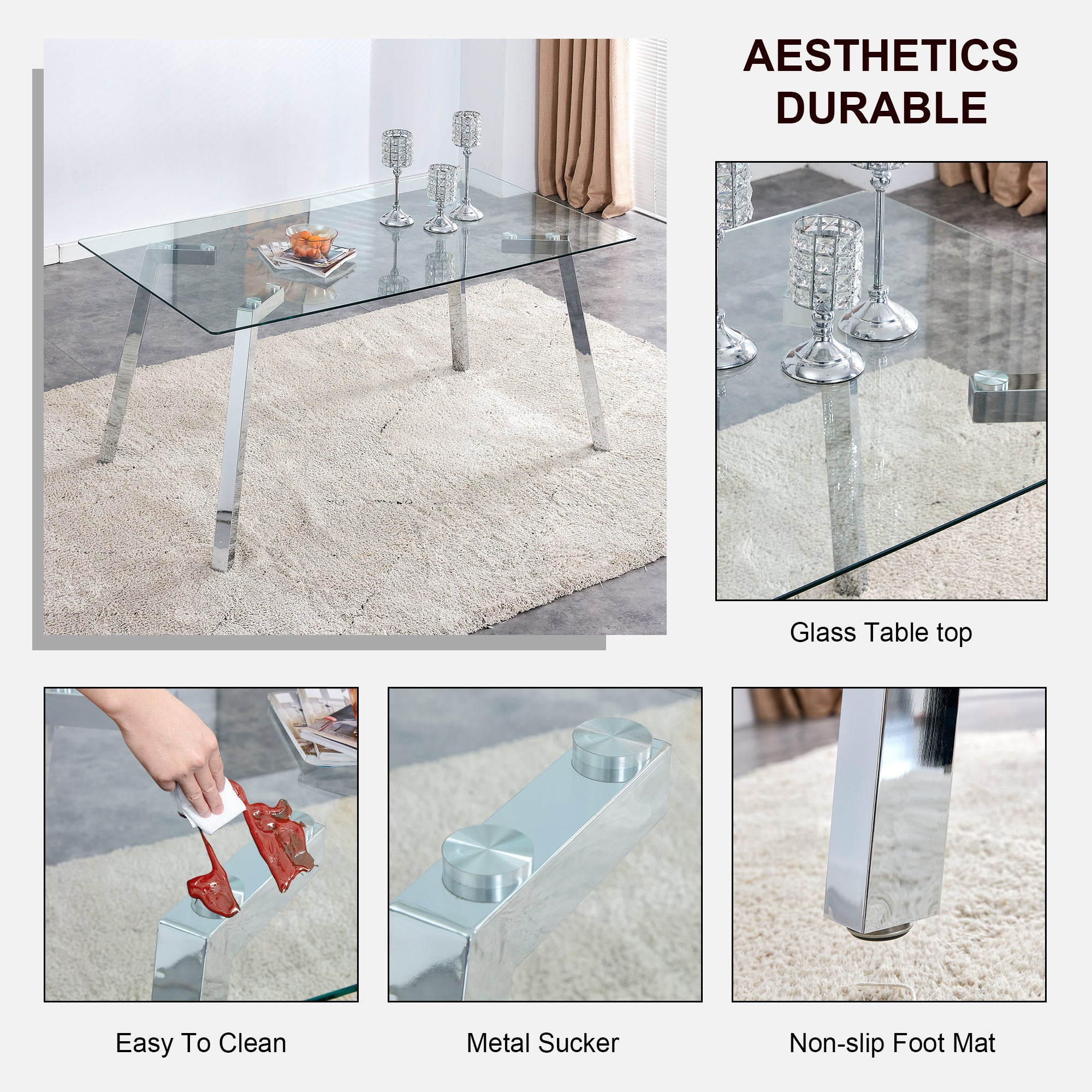 A modern minimalist rectangular glass dining table with tempered glass tabletop and silver metal legs, suitable for kitchens, restaurants, and living rooms,63'*35.4'*30' - Grand Goldman Shop