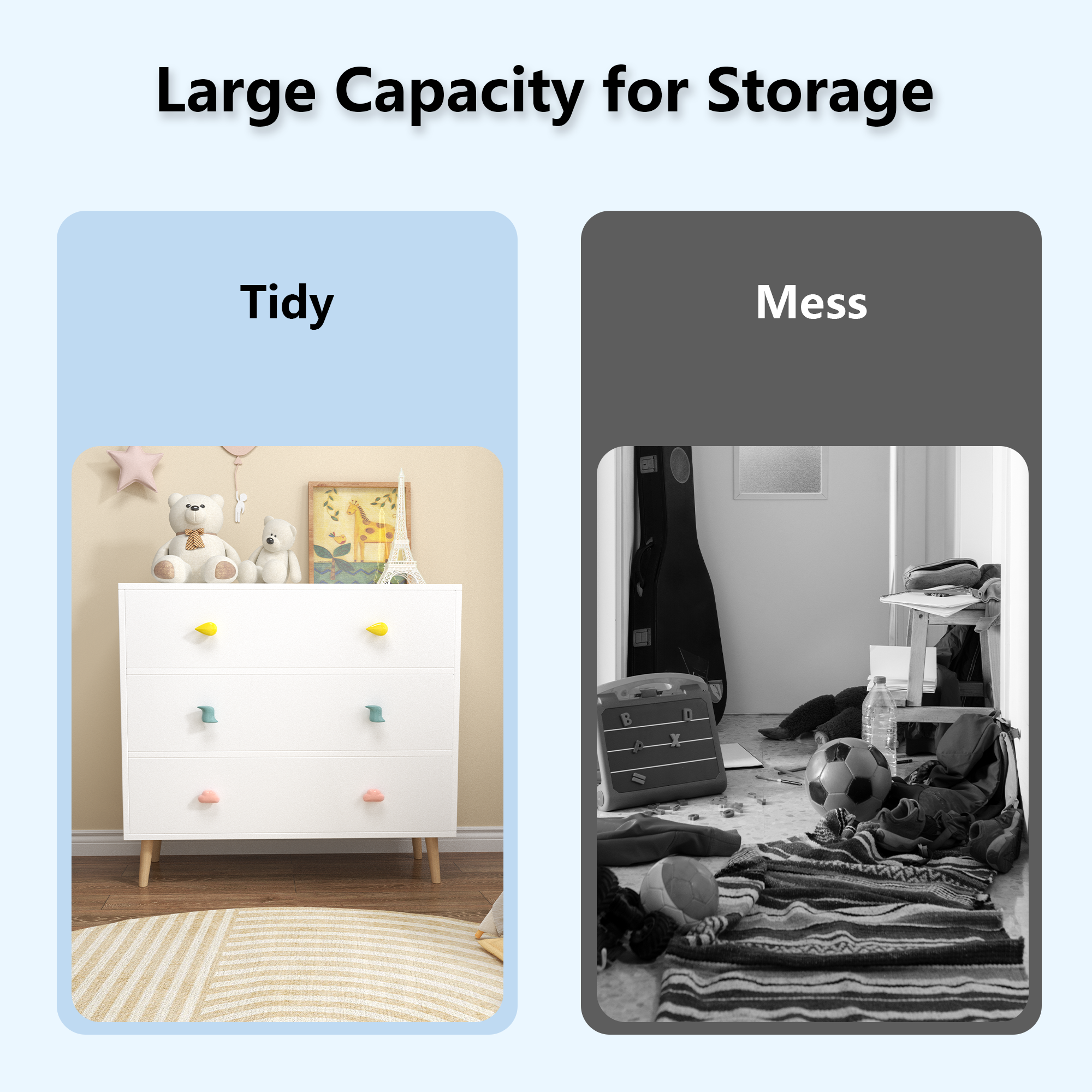 Kids 3 Drawer Dresser, White Nursery Storage Cabinet with Anti-Tip Safety Feature, Solid Wood and MDF Construction, Compact D