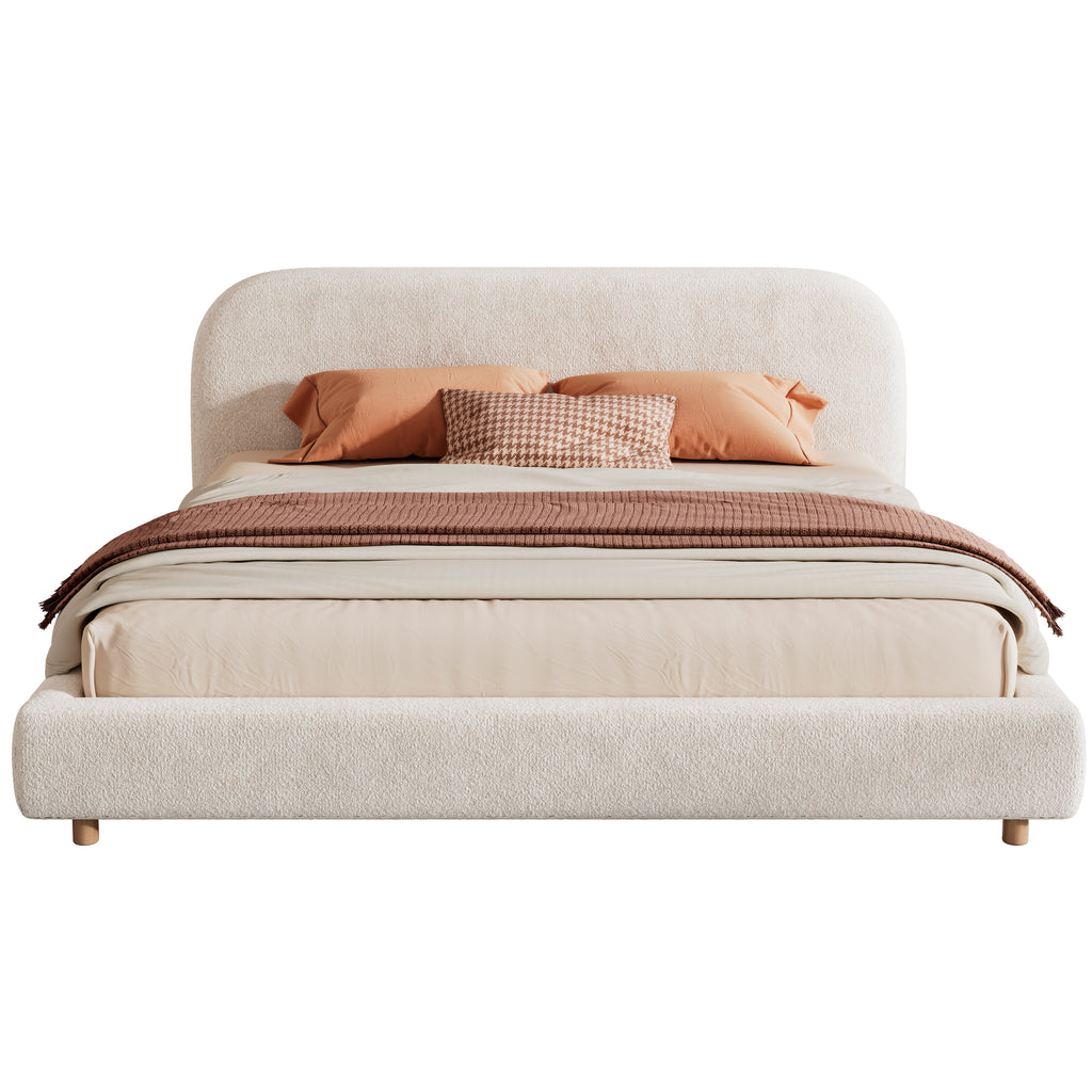 King Size Platform Bed with Boucle Fabric, Boucle Fabric Upholstered Platform Bed with Curve-Shaped Design Headboard, White, Easy Assembly - Grand Goldman Shop