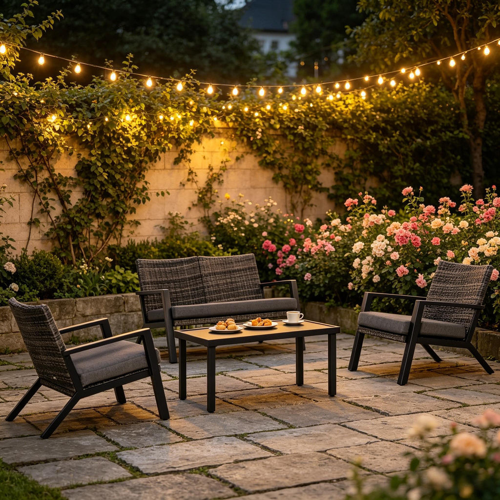 Outdoor-Rattanmöbel-Set, 4-teiliges Terrassenmöbel-Set, Garten-Essmöbel-Set