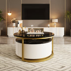 Modern Round Nesting Coffee Table Fluted with Drawer in Black & Gold in 31.5'' - Grand Goldman Shop
