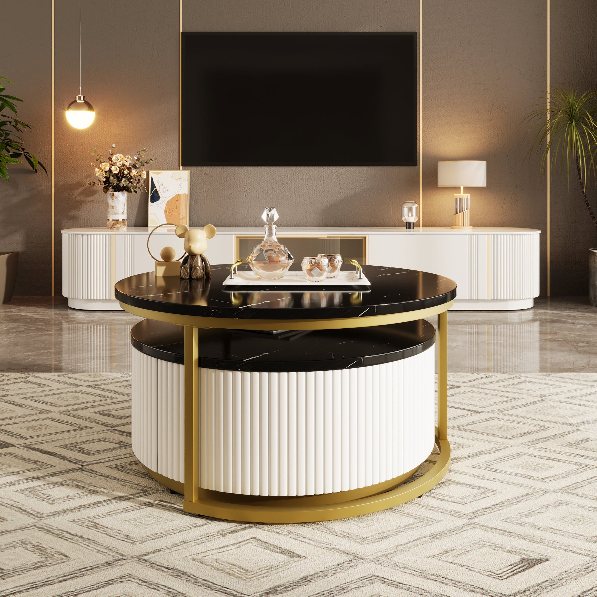 Modern Round Nesting Coffee Table Fluted with Drawer in Black & Gold in 31.5'' - Grand Goldman Shop