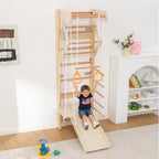 6-in-1 Swedish Ladder Wall Gym, Indoor Kids Playground with Swing, Rope Ladder, Pull-Up Bar, Slide, Gymnastic Rings, Wooden W